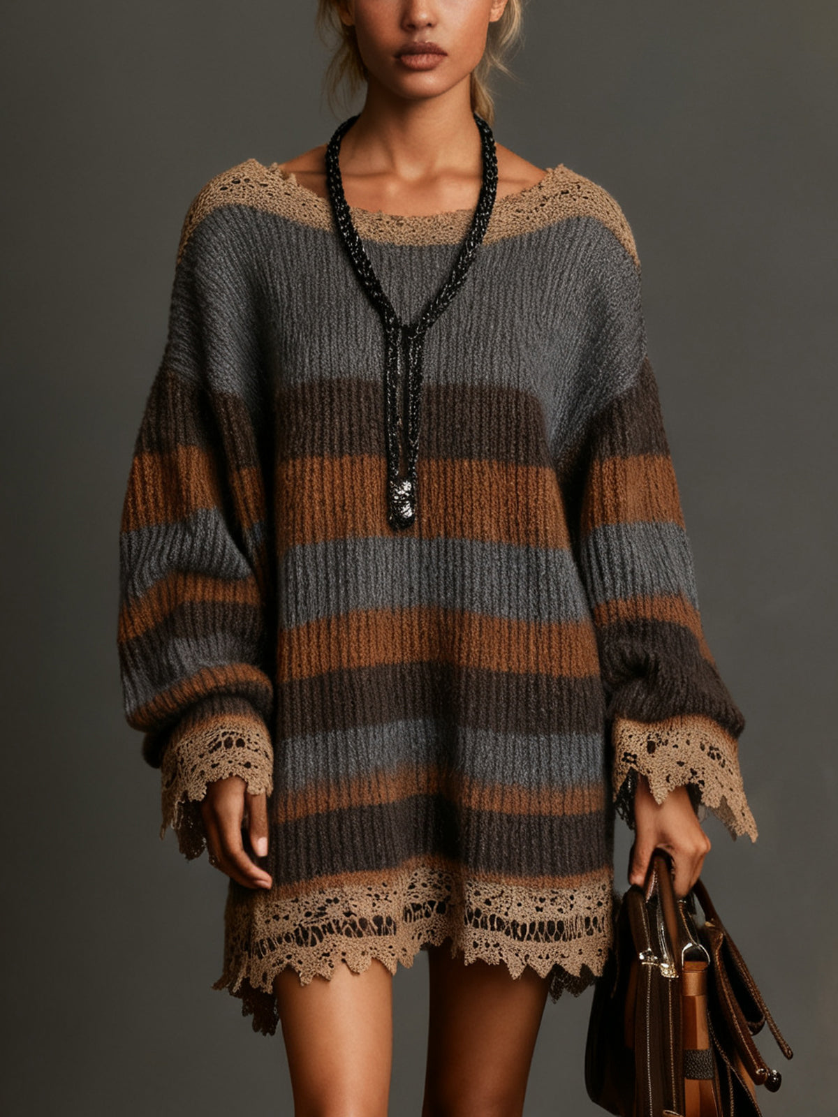 Striped Knit Dress With Beige Lace Trim