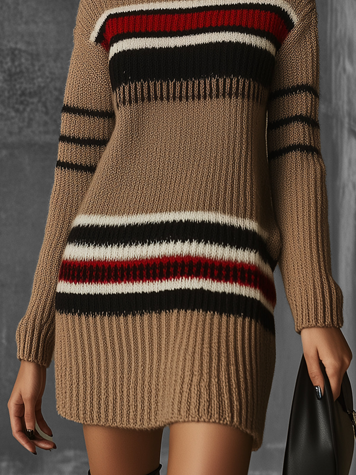 Camel Knit Turtleneck Sweater Dress With Bold Striped Detail