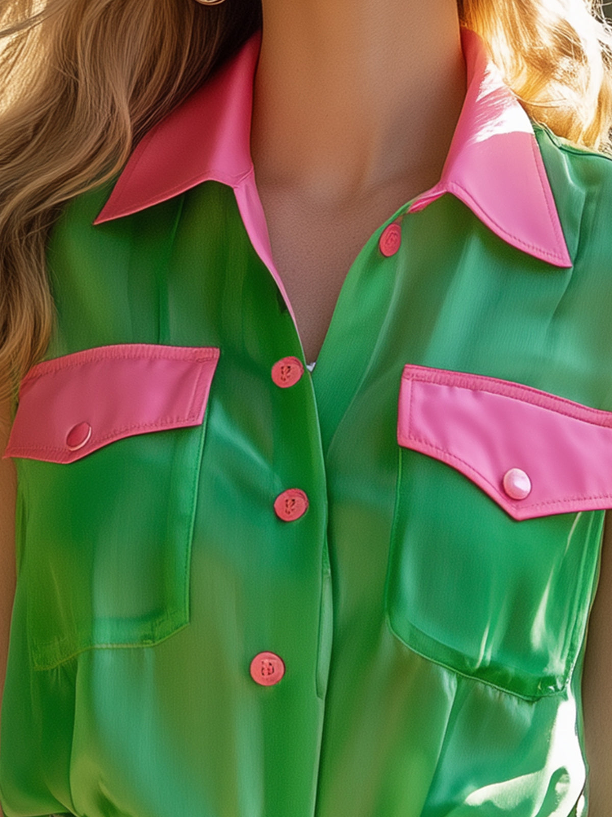 Trendy Retro Colorblock Chiffon Blouse