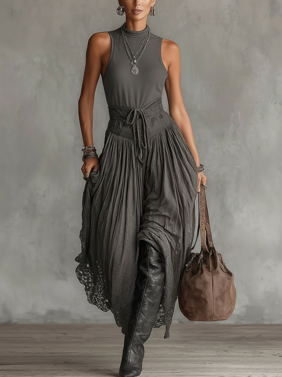 Gray Mock Neck Sleeveless High-Waist Lace-Trim Maxi Dress