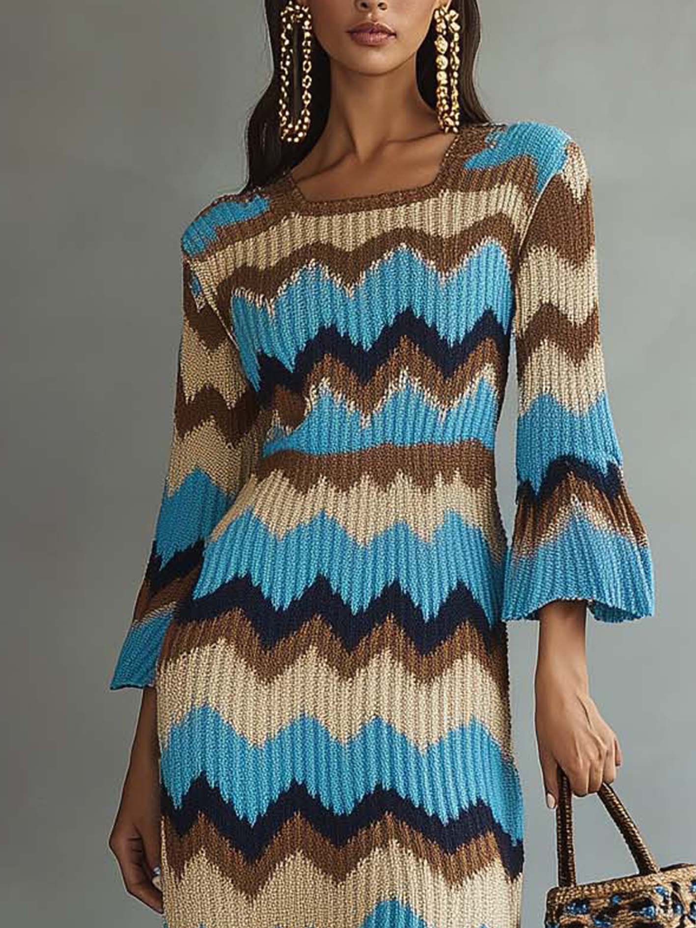 Blue Knitted Midi Dress With Tassels And Zigzag Lines