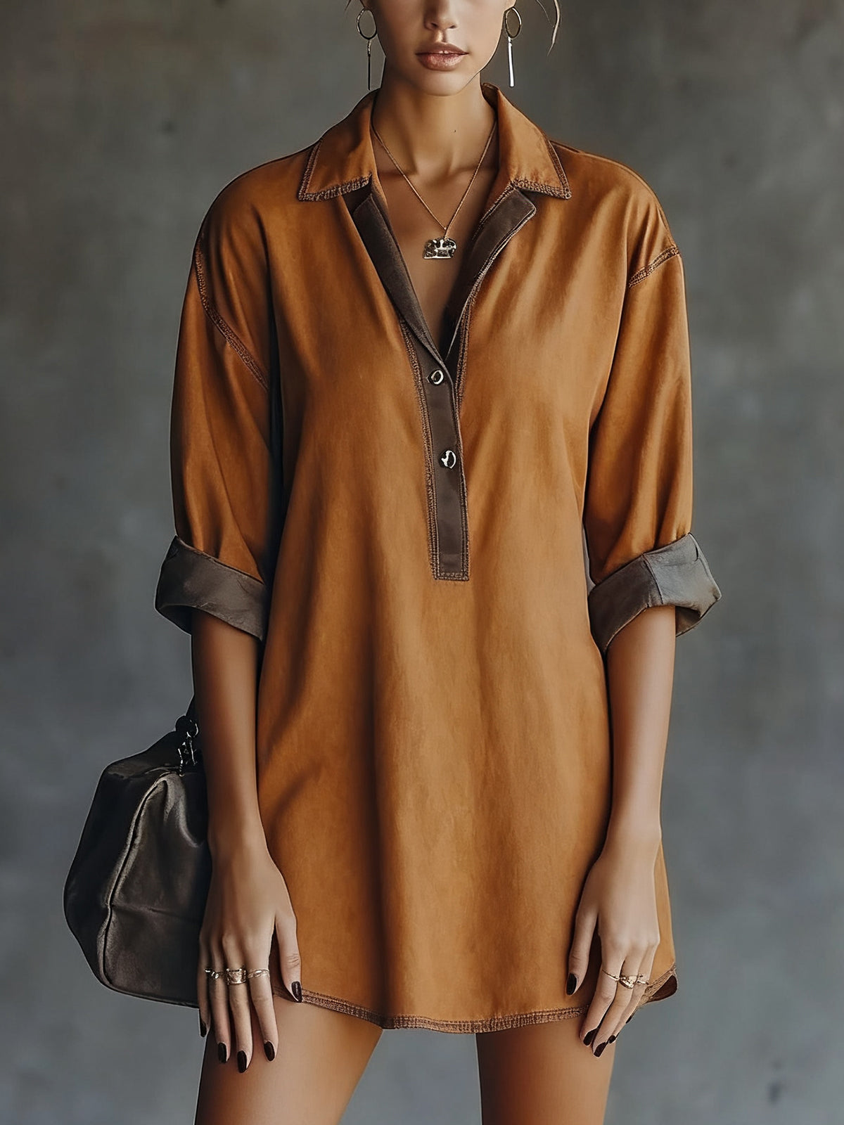 Caramel Faux Suede Button-Up Mini Dress With Contrasting Trim