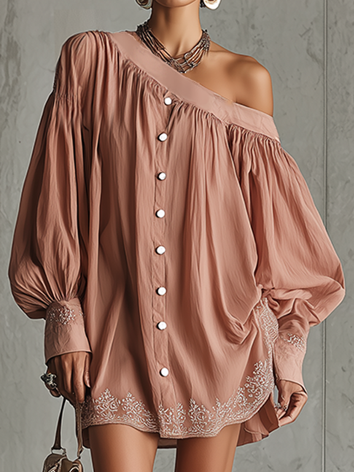 Pink Embroidered Chiffon Off-Shoulder Long Sleeve Mini Dress