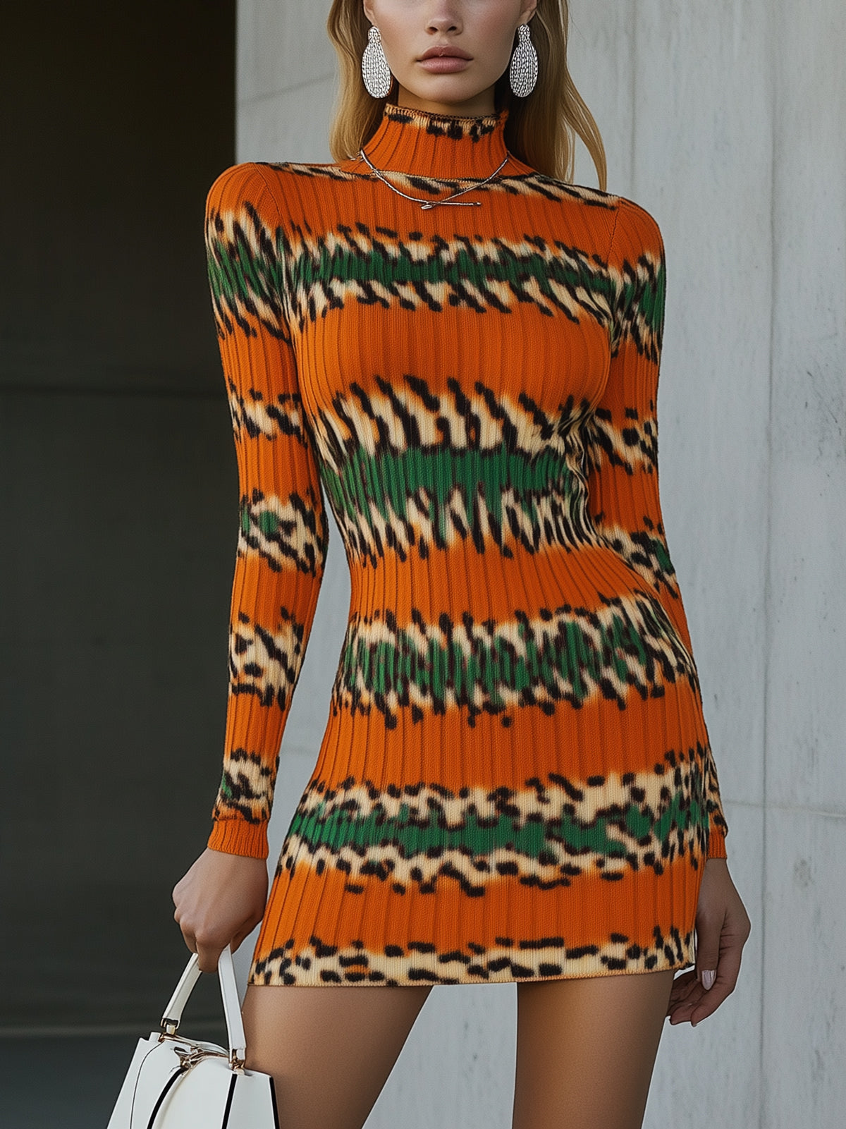 Orange Leopard Print Ribbed Bodycon Mock Neck Long Sleeve Mini Dress