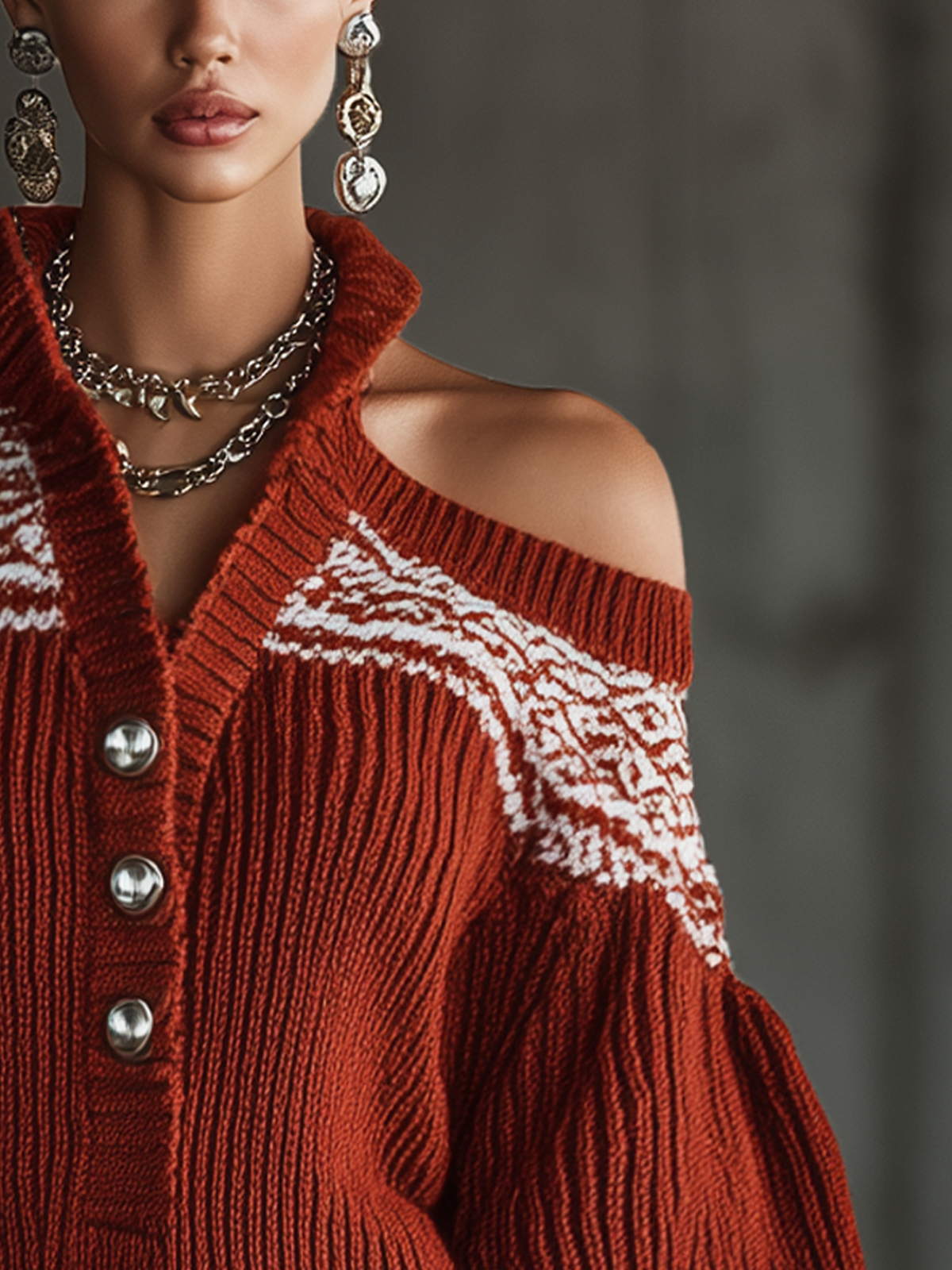 Red Knitted Fair Isle Pattern Off The Shoulder Mini Dress