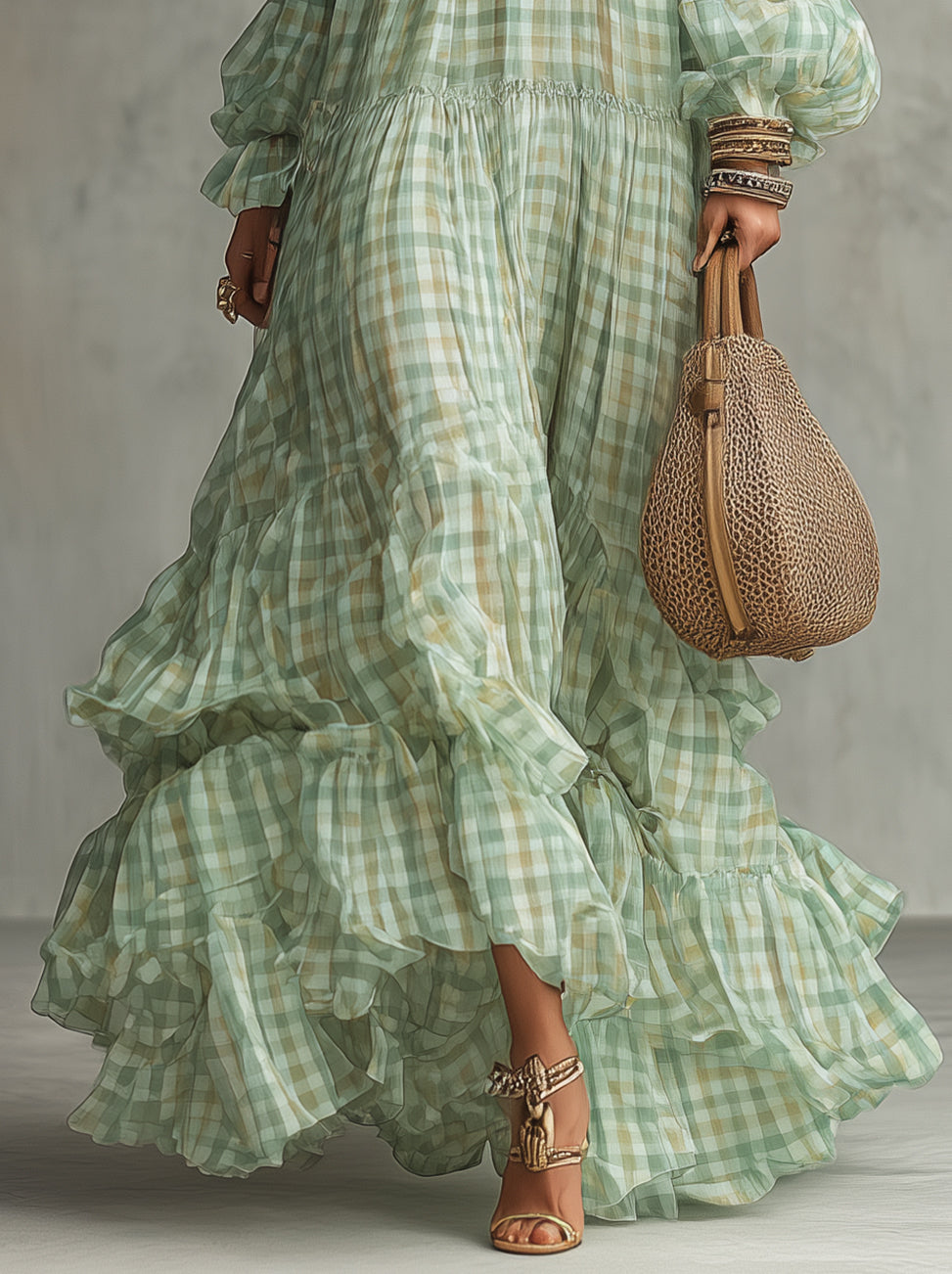 Green Gingham Ruffled V-Neck Chiffon Long Sleeve Maxi Dress