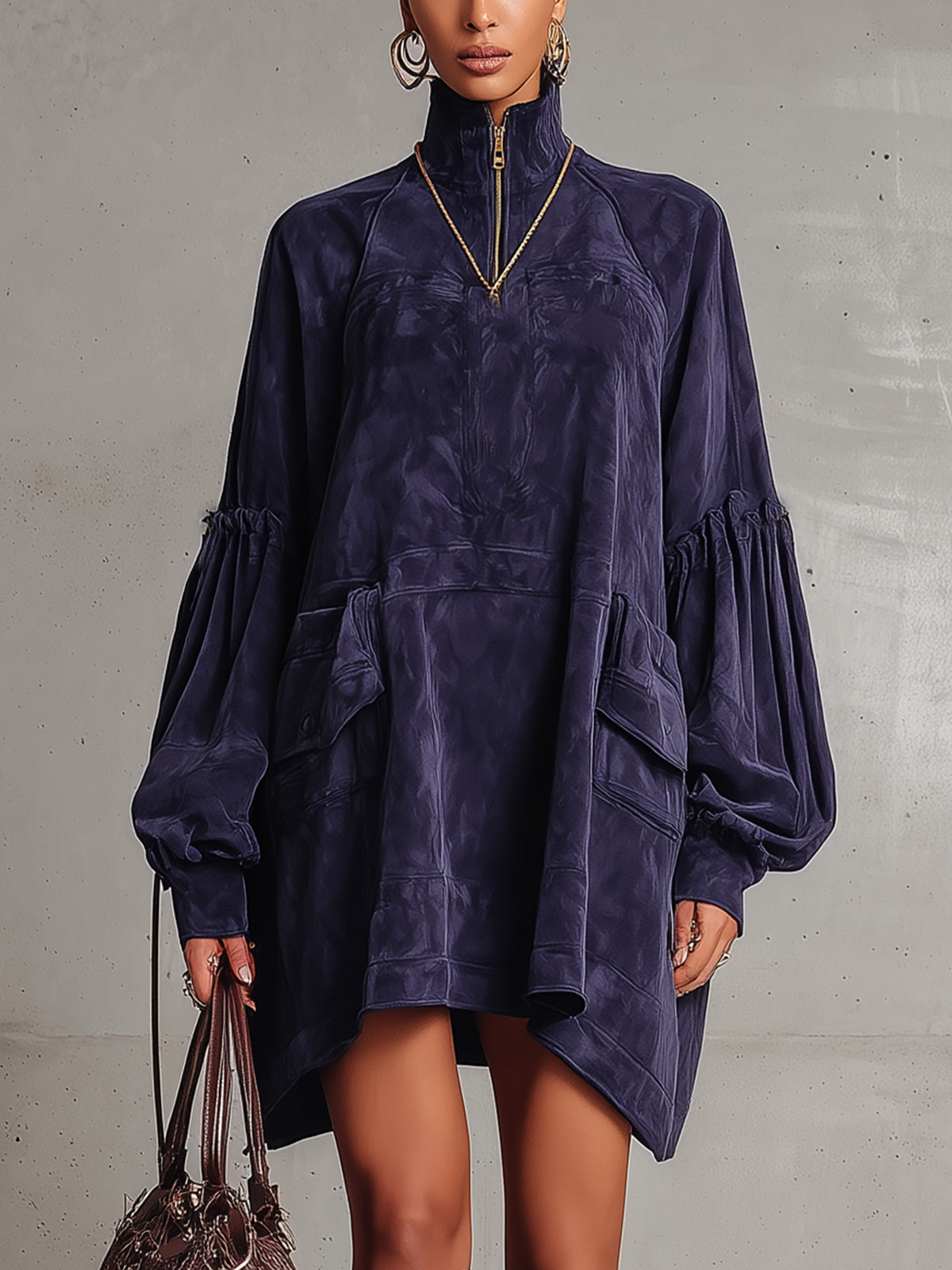 Blue Faux Suede Zip-Neck Tunic Dress With Utility Pockets