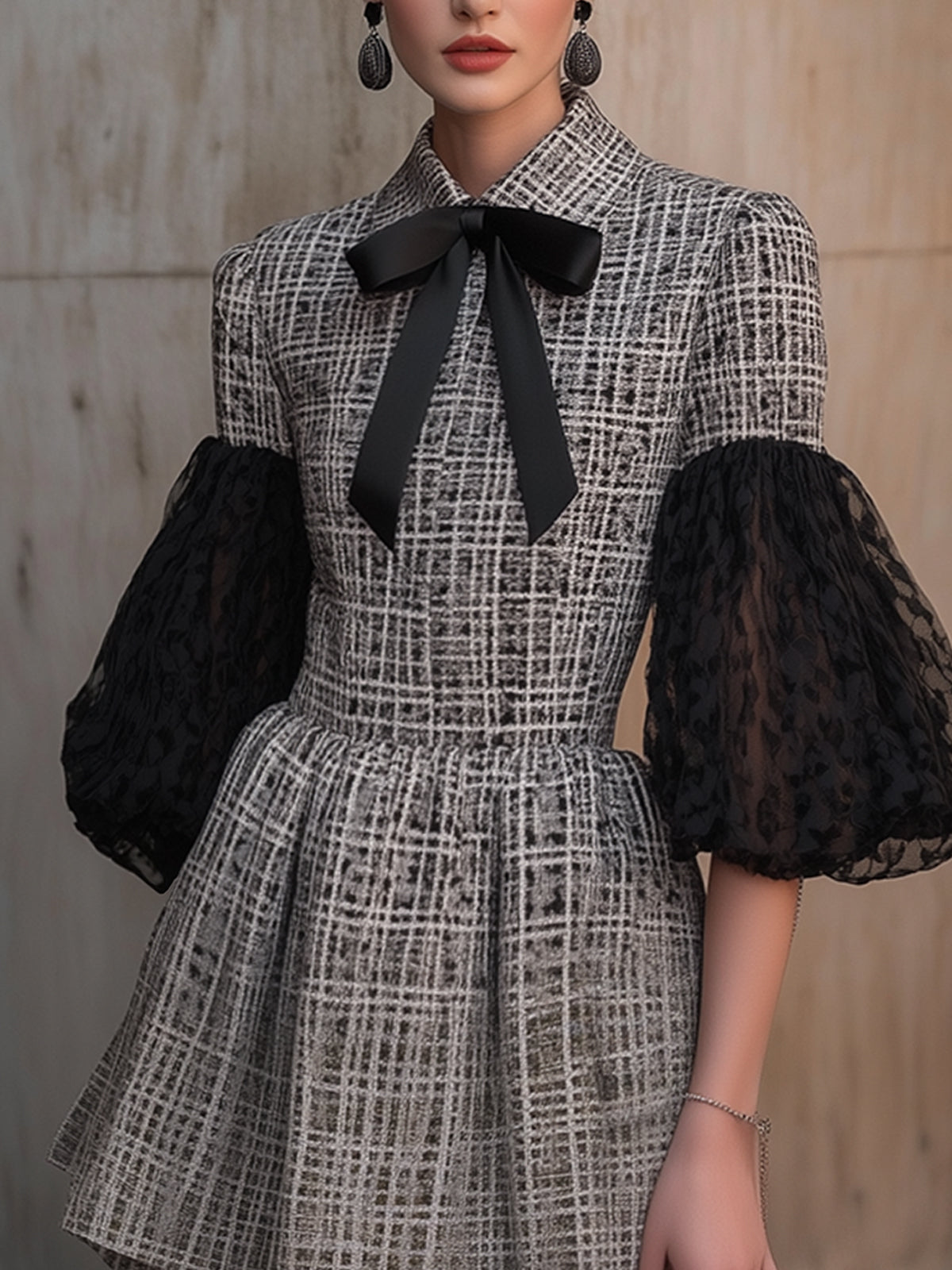 Gray Plaid Puff-Sleeve Bow Tie Mini Dress