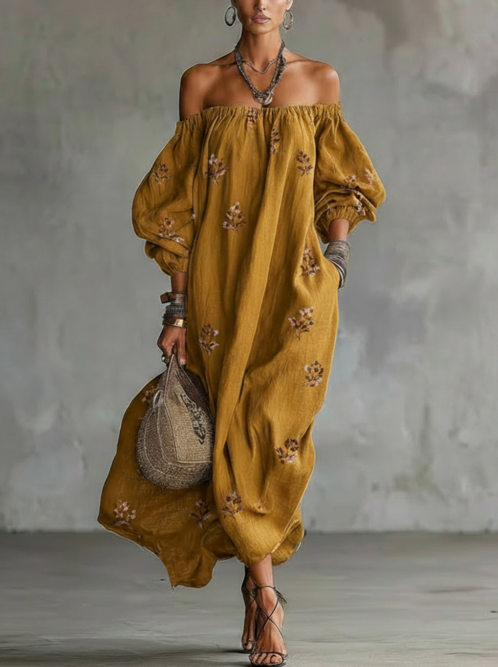 Yellow Off-Shoulder Floral Embroidered Linen Maxi Dress