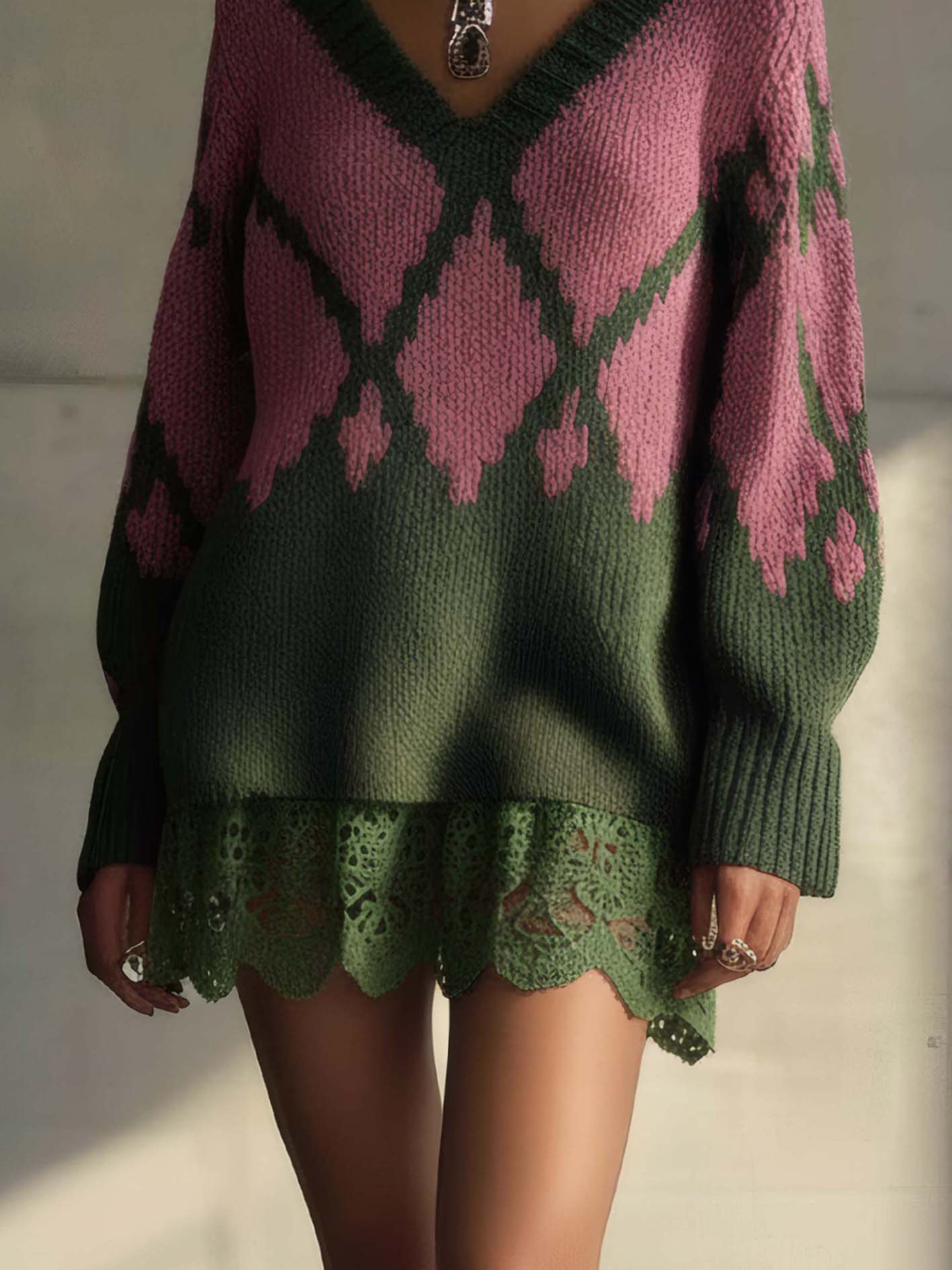 Green Knitted Mini Dress With Pink Diamond Pattern