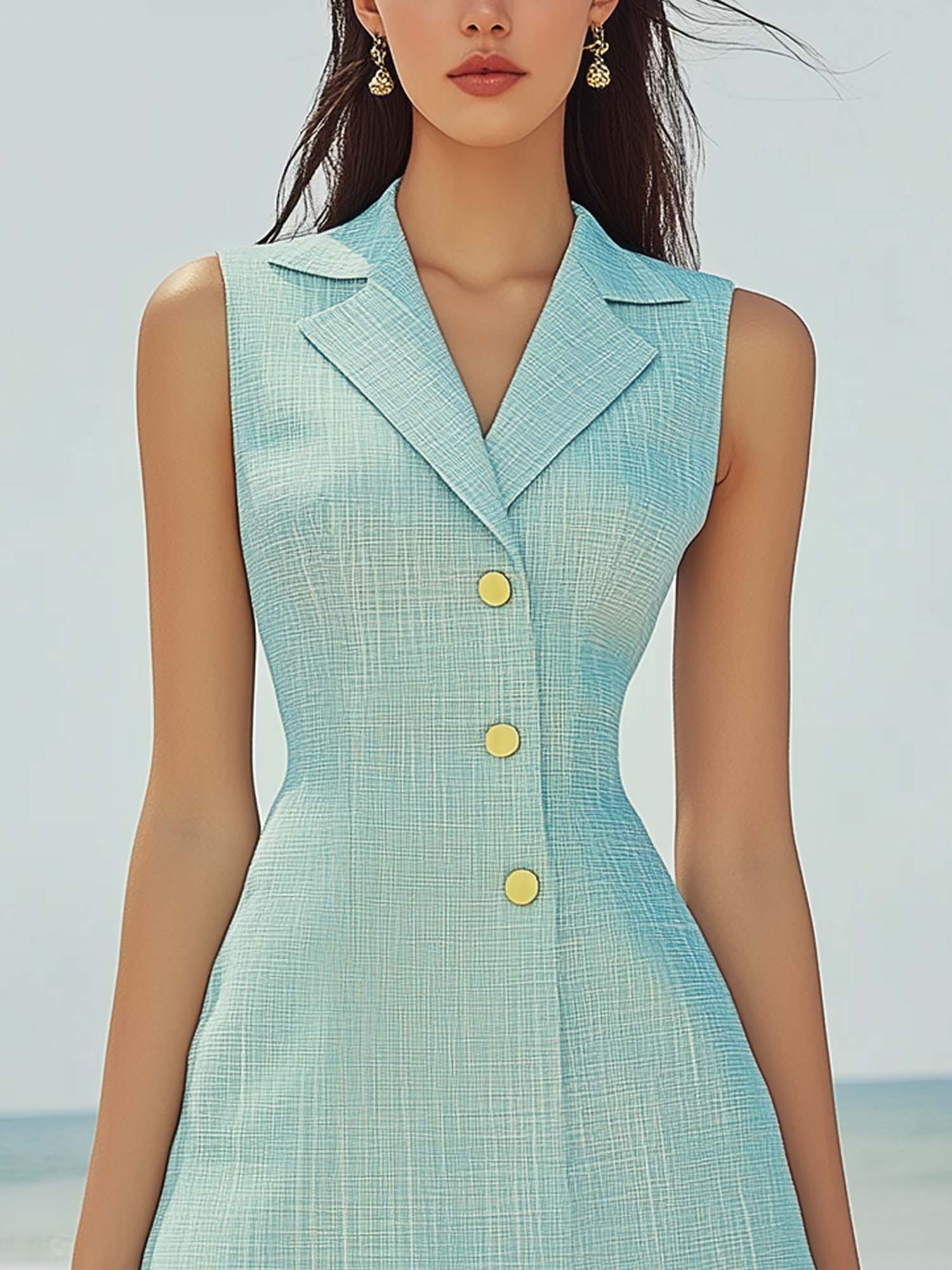 Light Blue Mini Dress With Textured Fabric And Lapel