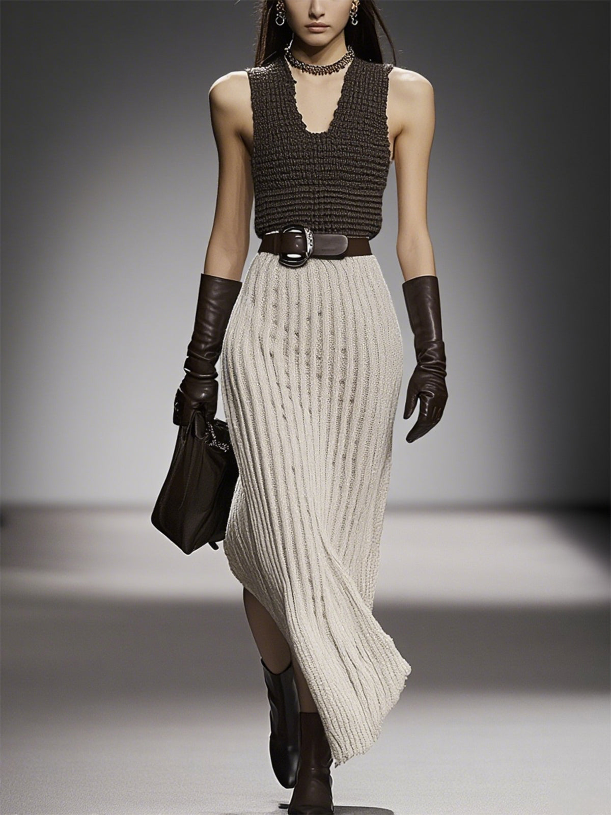 Brown And Beige Knit Sleeveless Bodycon With Belt