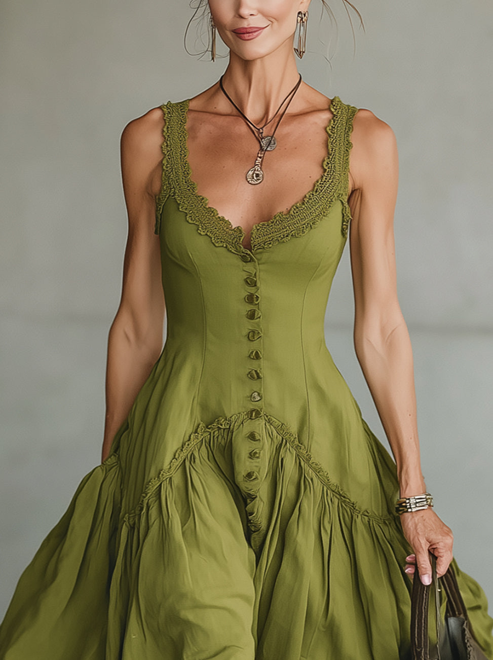 Olive Green V-Neck Sleeveless Button-Down Ruffle Midi Dress