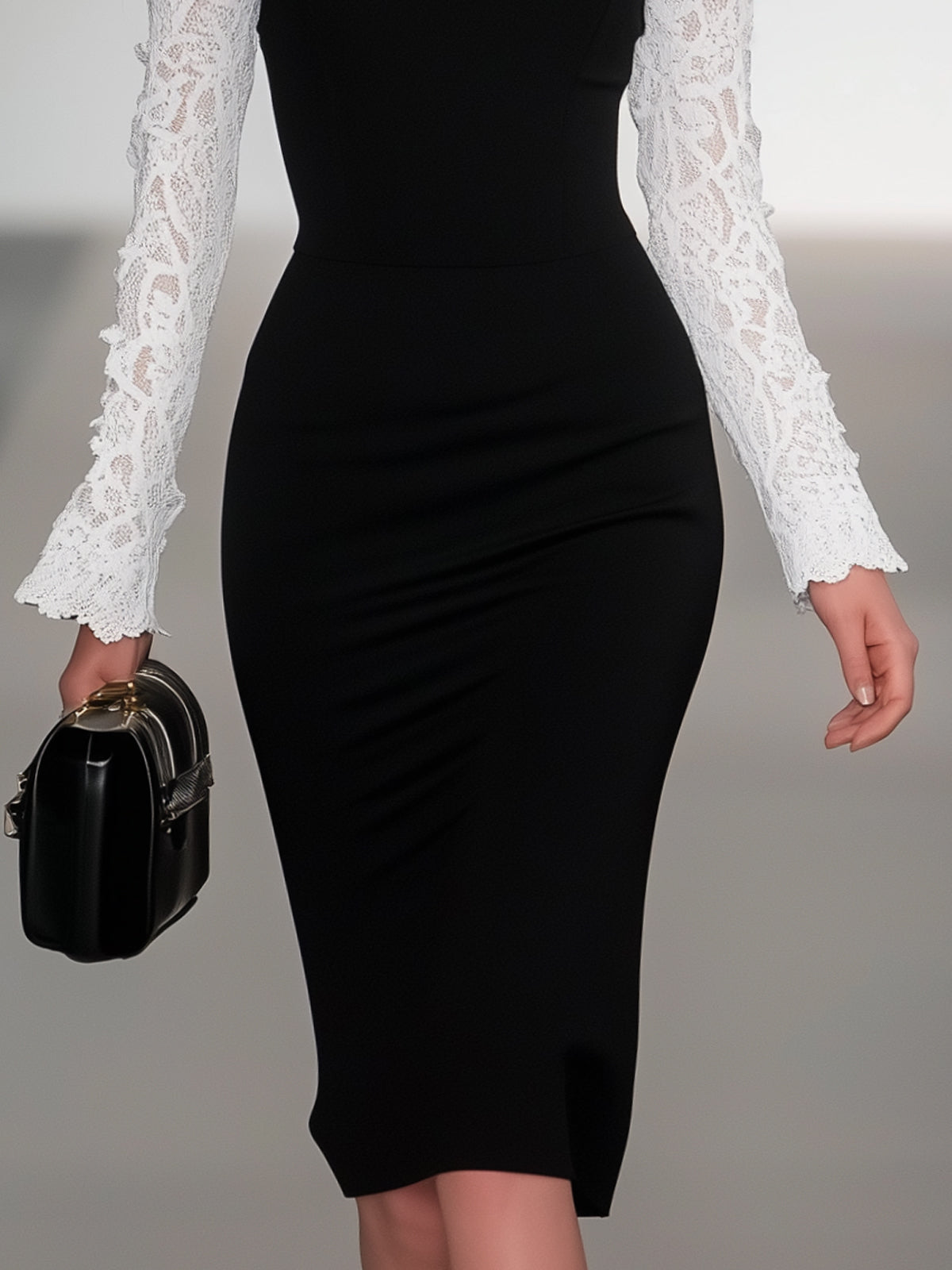 Black Sheath Dress With Contrasting Lace Sleeves And Neckline