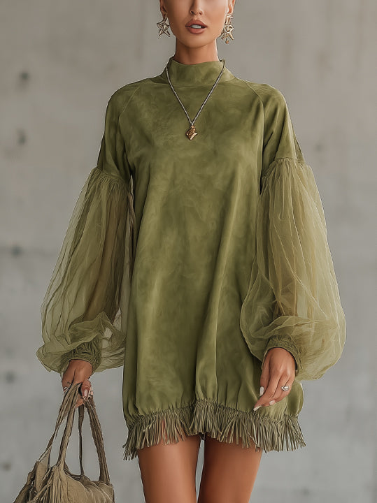 Olive Faux Suede Puff-Sleeve Mini Dress With Fringe Hem