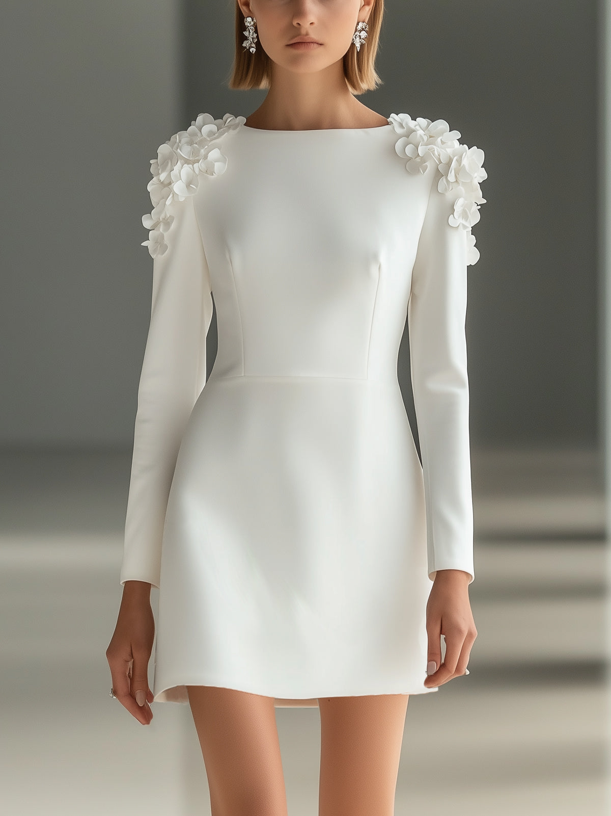 White Crepe 3D Floral Shoulder Boat Neck Long Sleeve Mini Dress