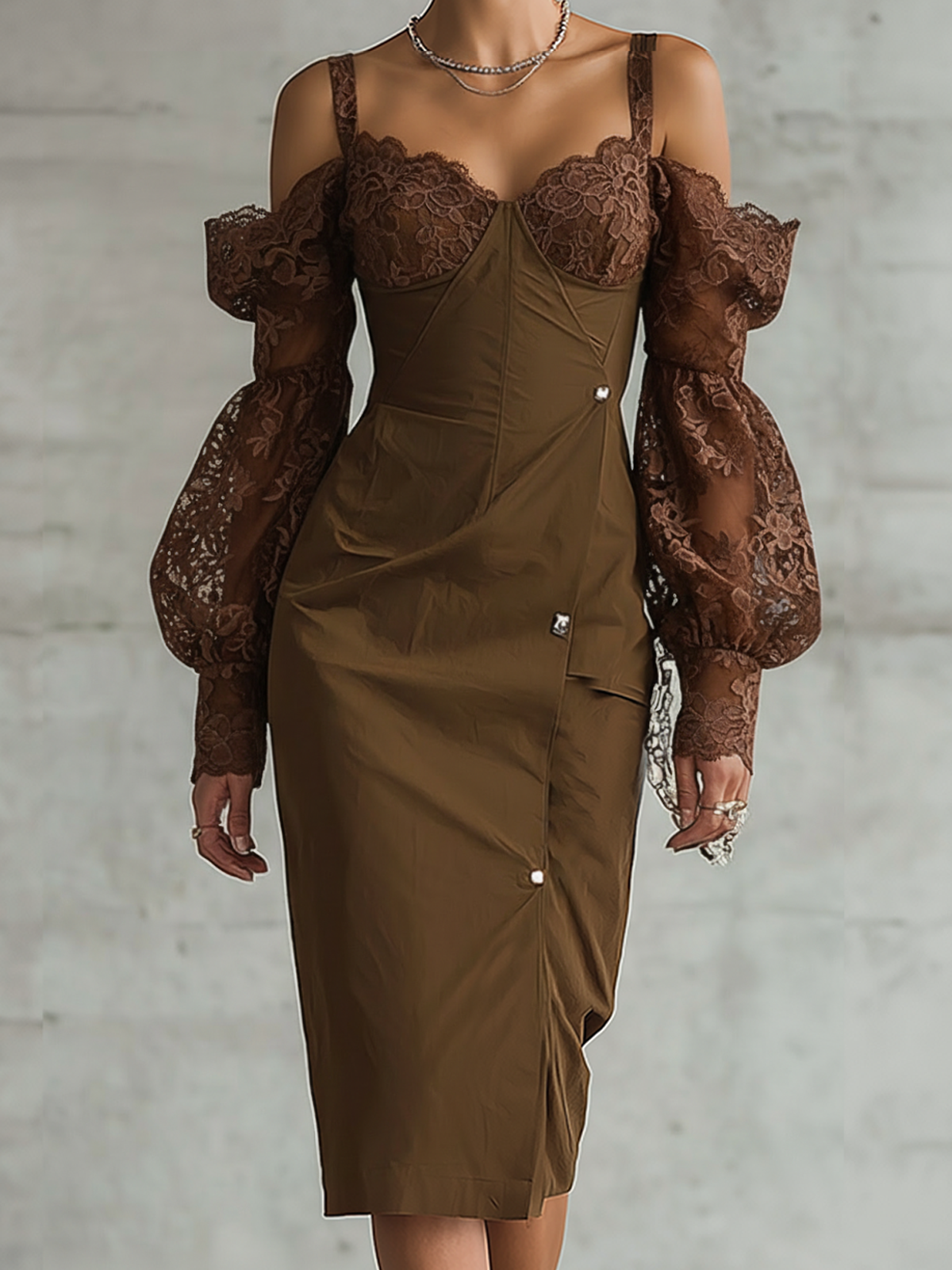Brown Lace Off-Shoulder Puff Sleeve Midi Dress