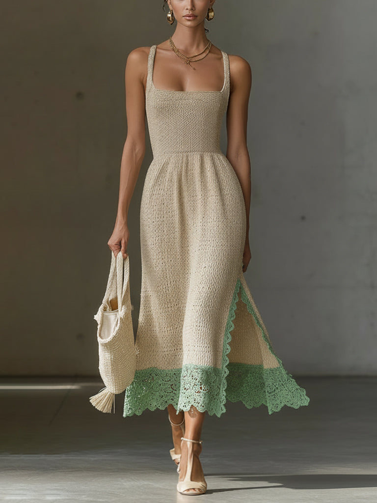 Beige Lightweight Knit Lace Trim Maxi Dress