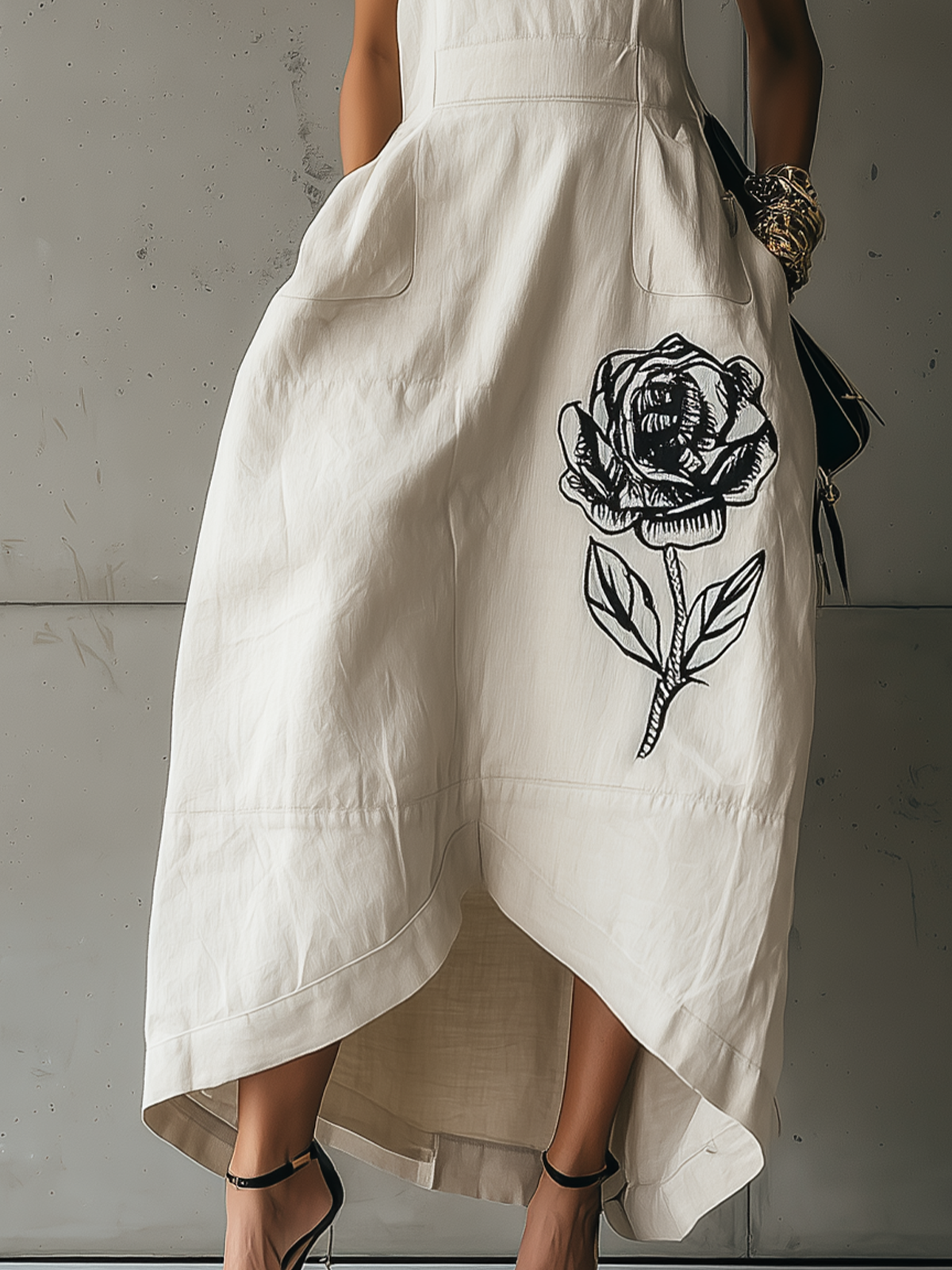 White Floral Embroidered High-Neck Batwing Maxi Dress