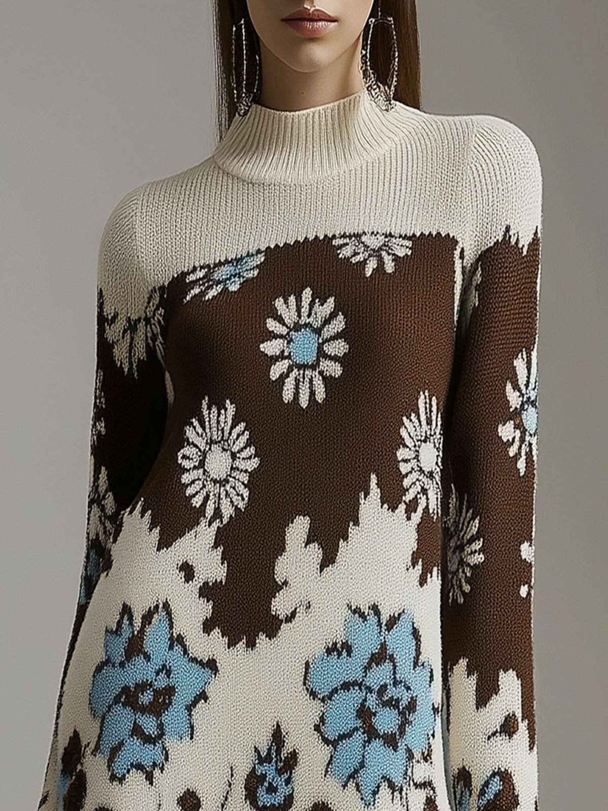 Floral Patterned Turtleneck Knit Dress