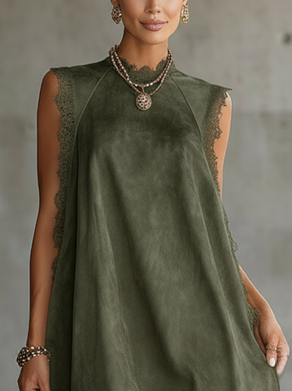 Green Faux Suede Lace-Trim Sleeveless Mini Dress