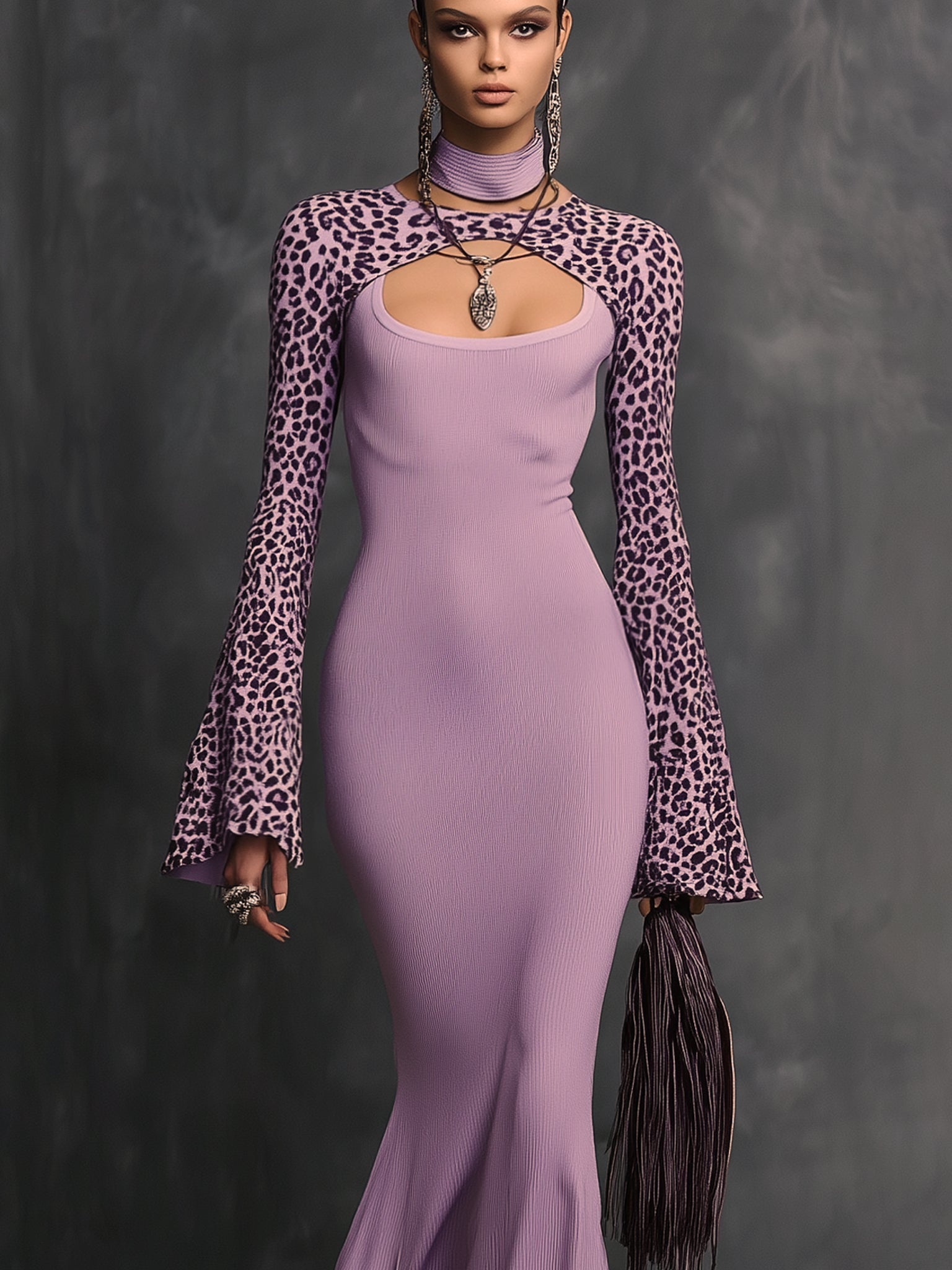Lilac Leopard Sleeve Cutout Knit Long Sleeve Maxi Dress