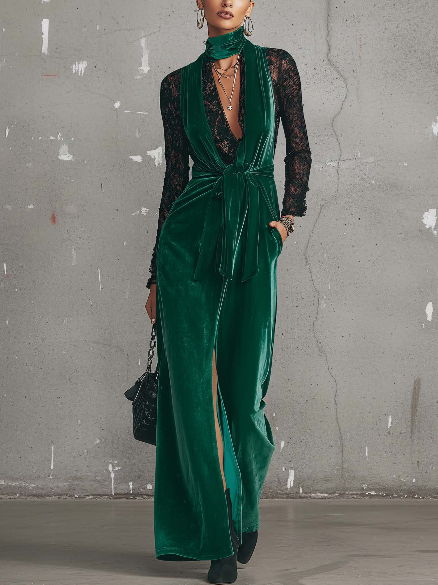 Emerald Green Velvet Lace Patchwork Maxi Dress With Front Slit