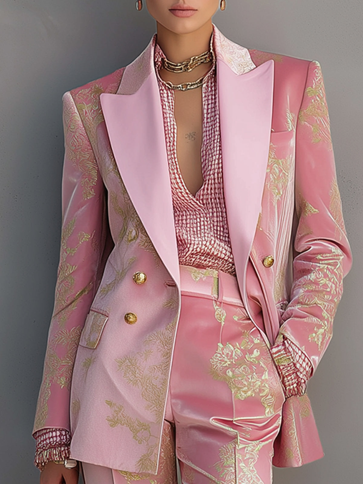 Blush Pink Velvet Print Double Breasted Blazer