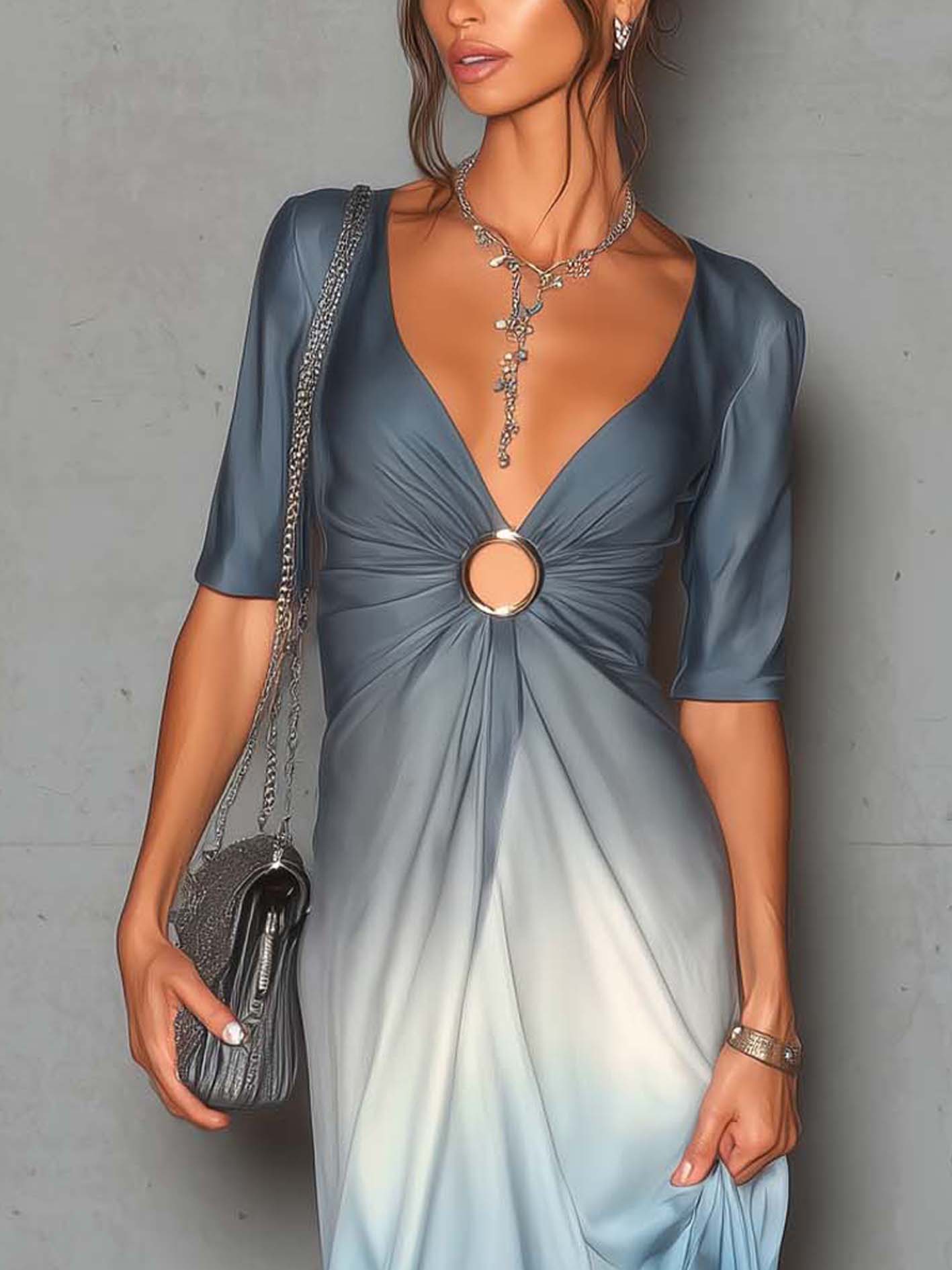 Gradient Blue Satin Bodycon Maxi Dress With Ring Detail