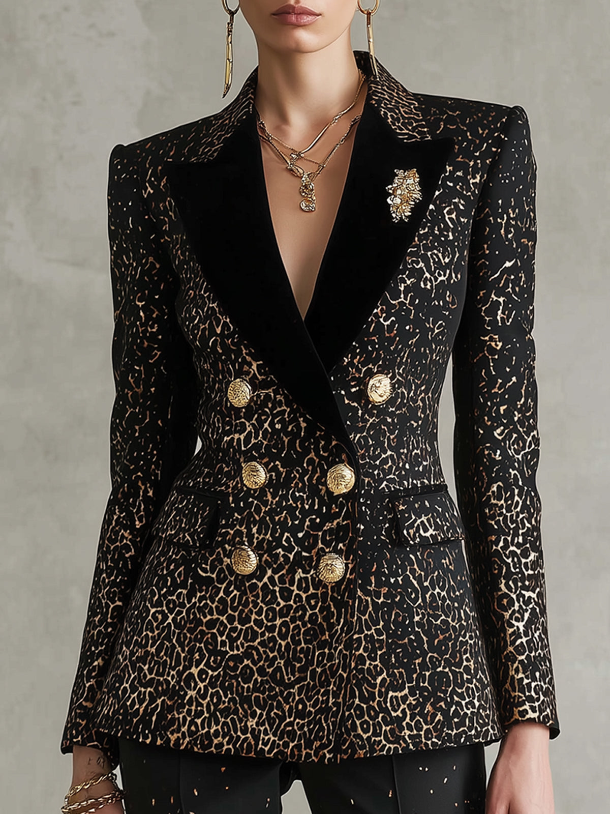 Black And Gold Leopard Print Double Breasted Blazer With Brooch