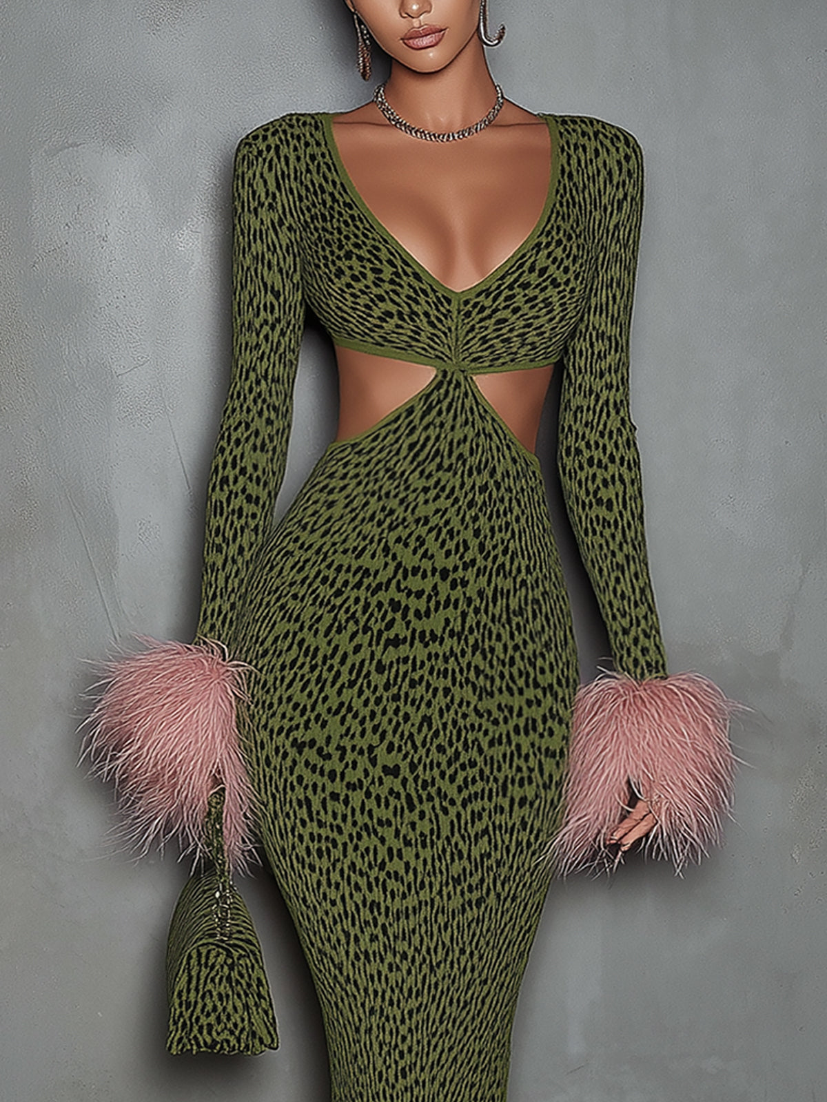 Olive Green Leopard Print Open Knit Bodycon Dress With Feather Cuffs