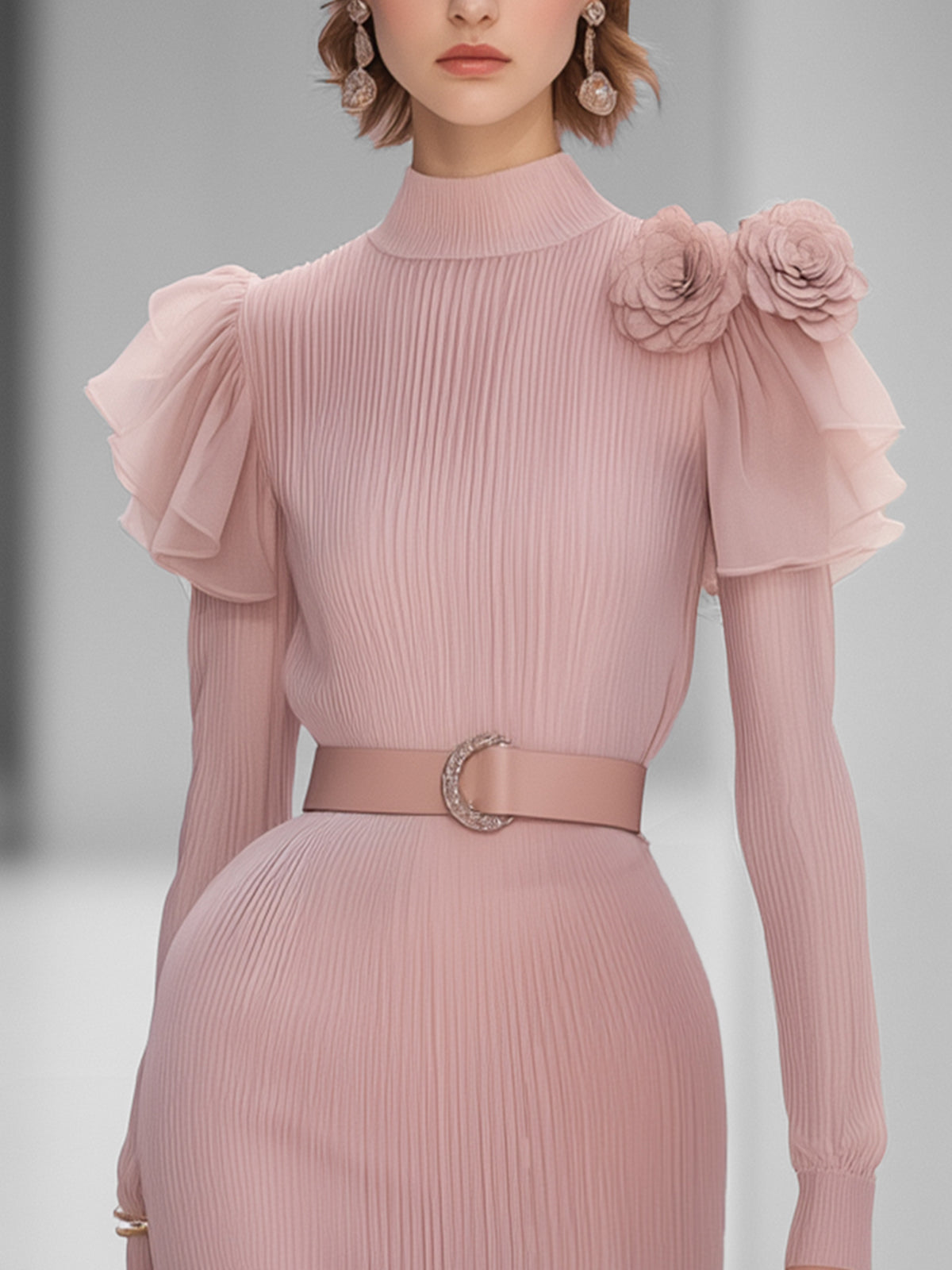 Pink Pleated Midi Dress With Floral