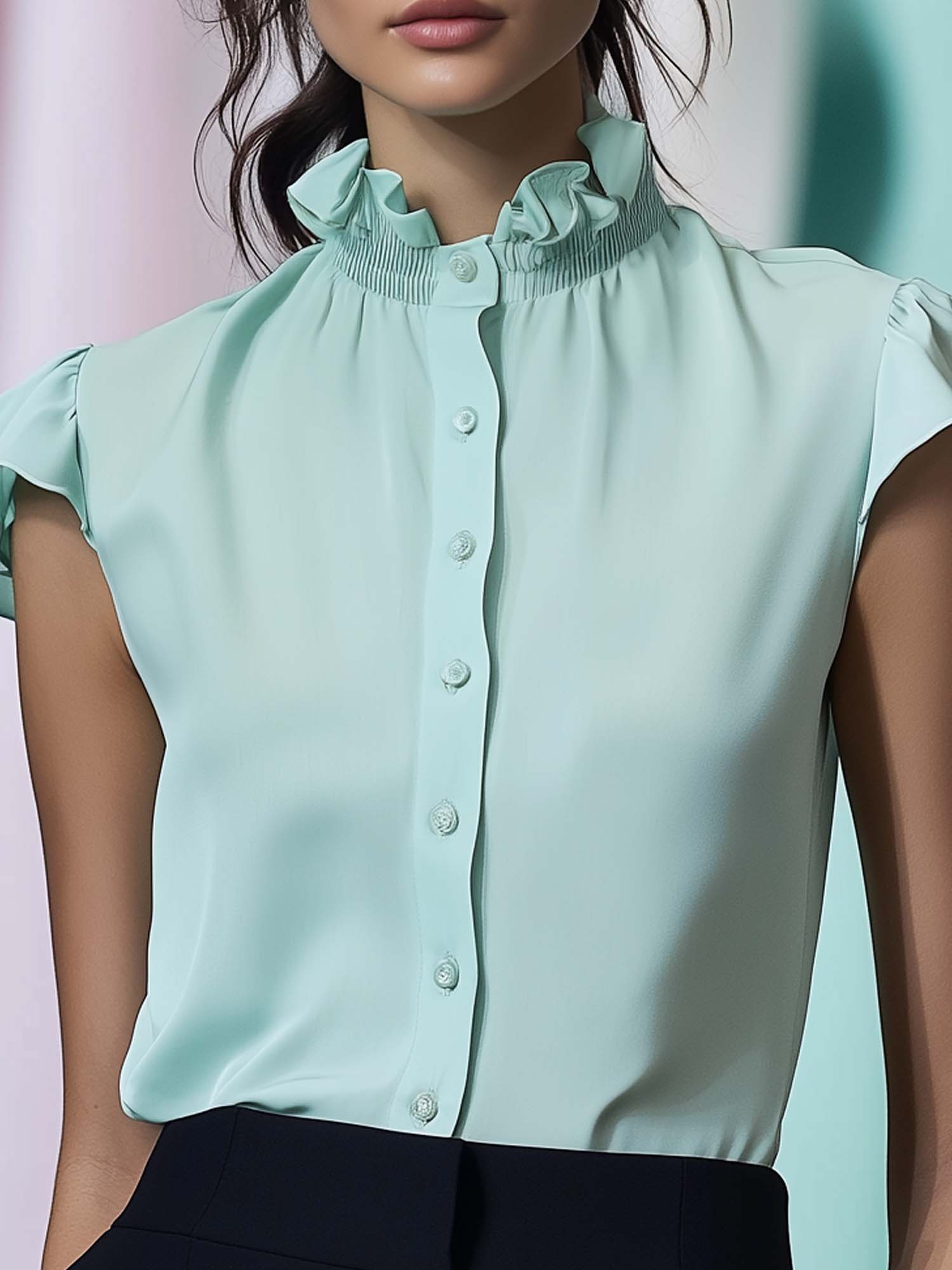 Sleeveless Mint Green Chiffon Blouse With Ruffles