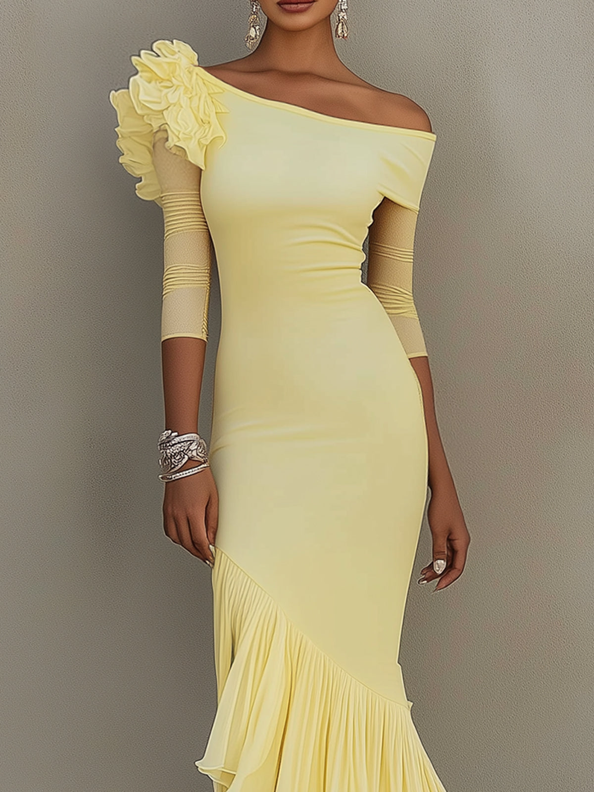 Lemon Ruffle Asymmetrical One Shoulder Maxi Dress