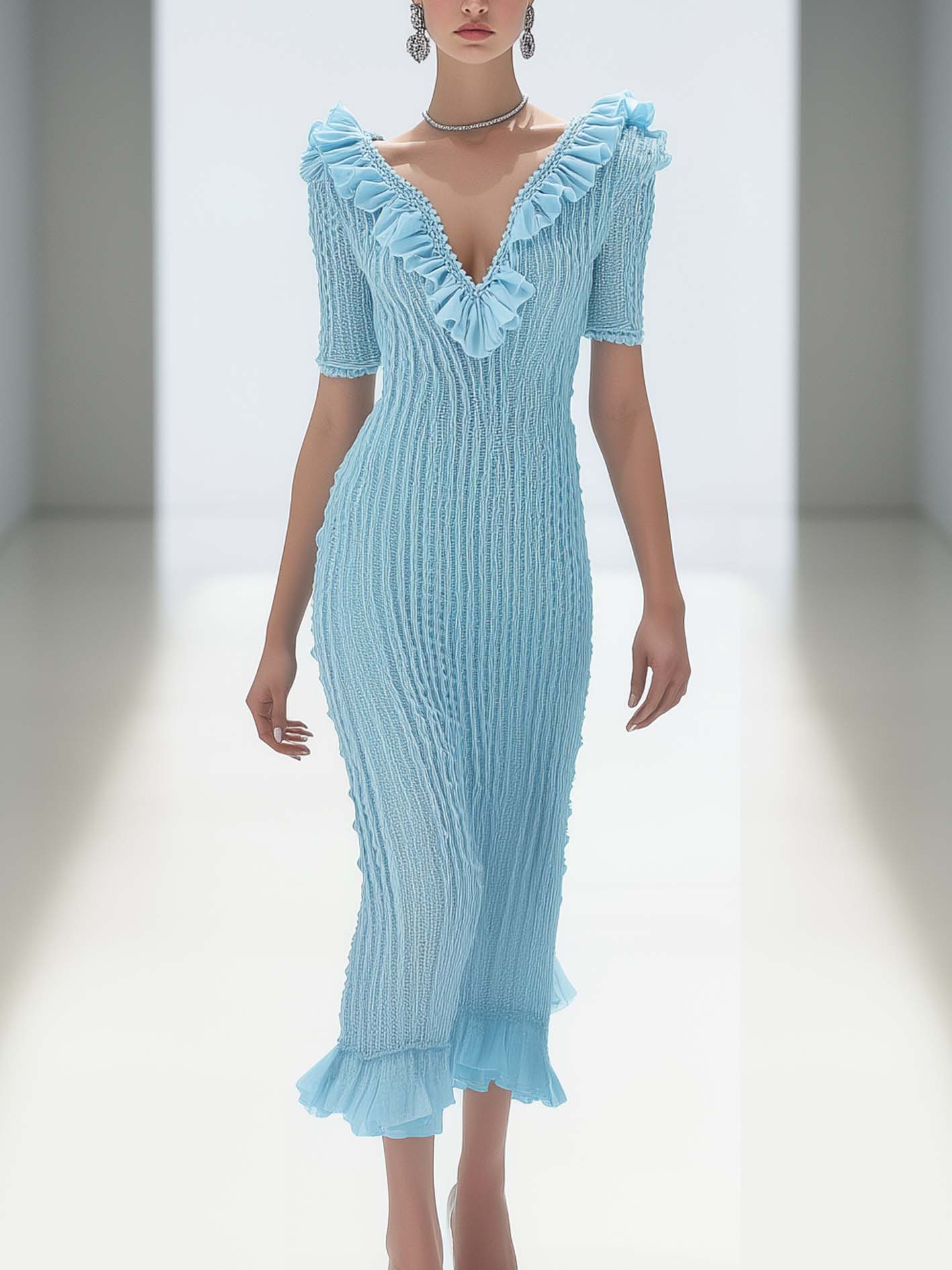 Light Blue Knit Maxi Bodycon Dress With Ruffle Trim