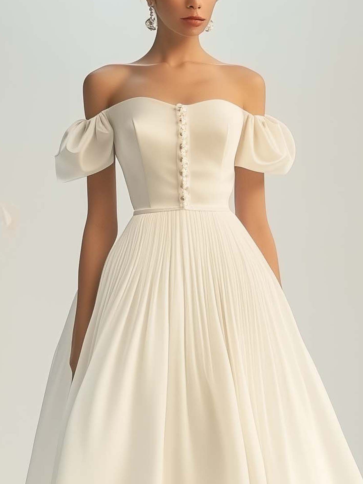 Off Shoulder White Satin Midi Dress With Buttons