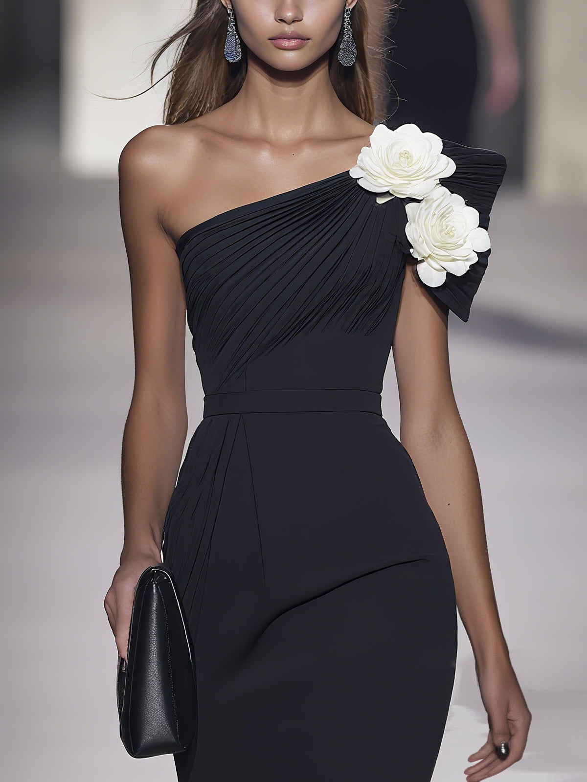 One Shoulder 3D Rose Pleated Midi Dress