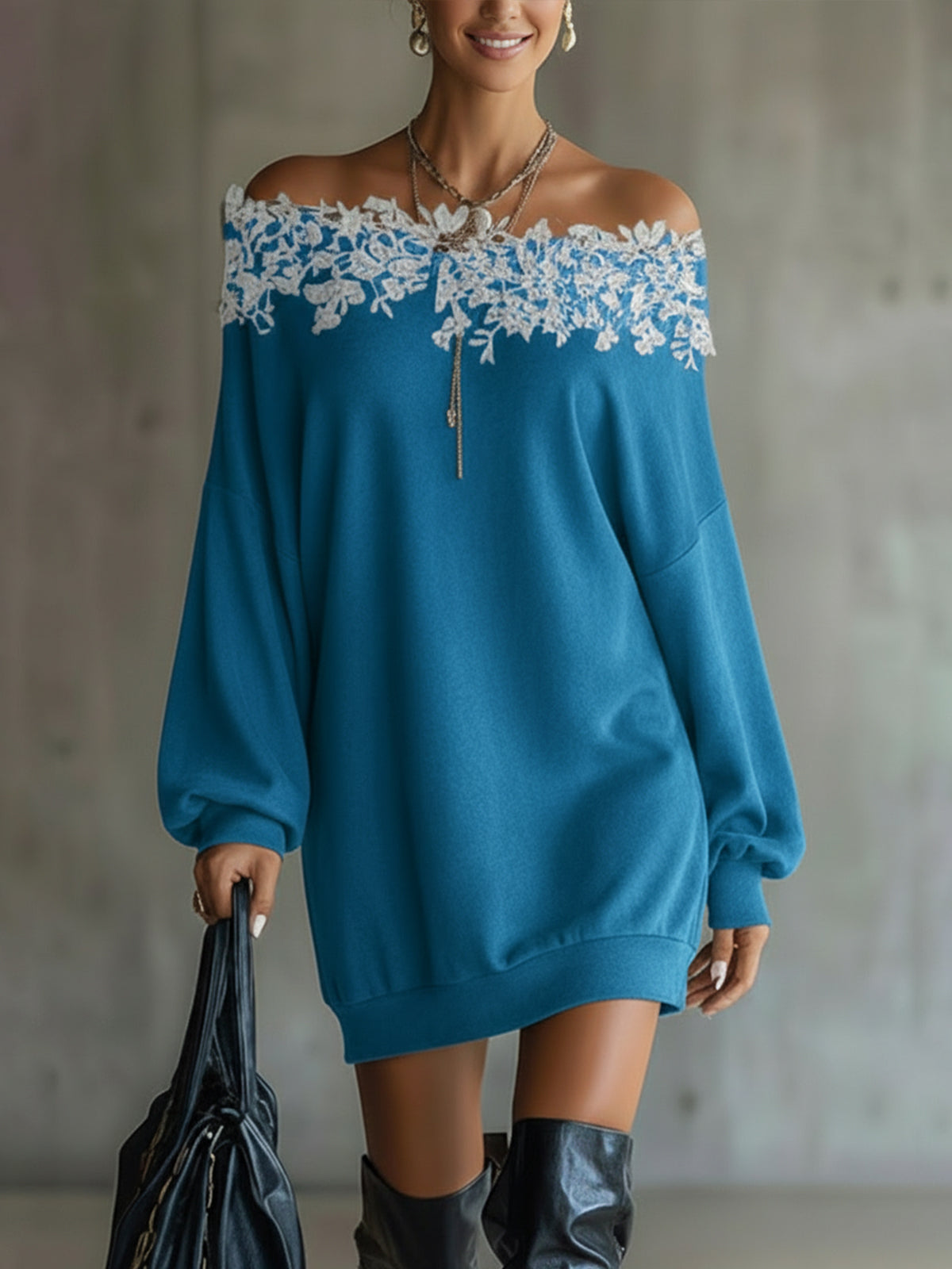 Blue Off-Shoulder Faux Suede Mini Dress With White Floral Lace Trim And Long Sleeves