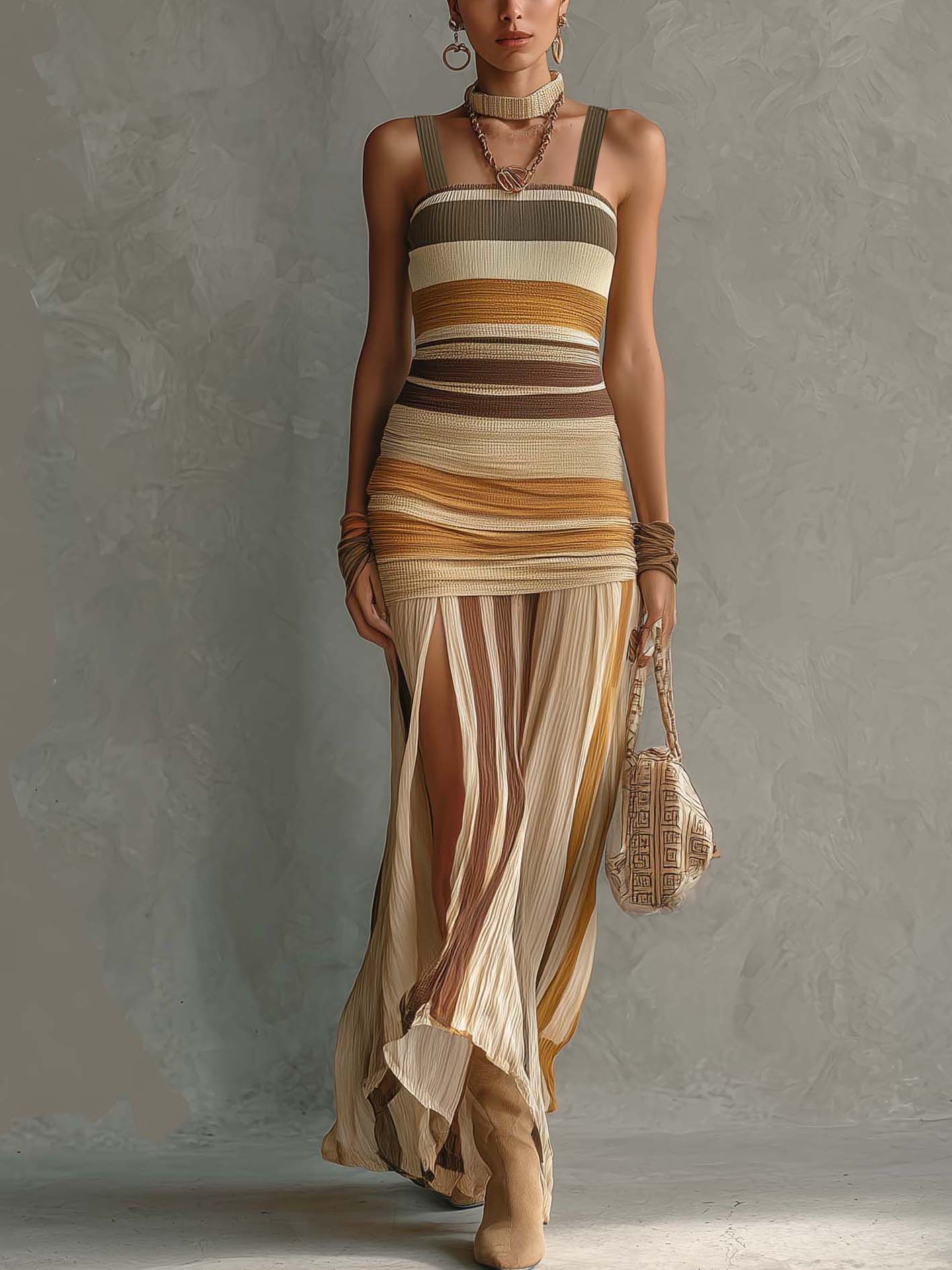 Multicolor Striped Knit Bodycon Dress With Chiffon Spliced