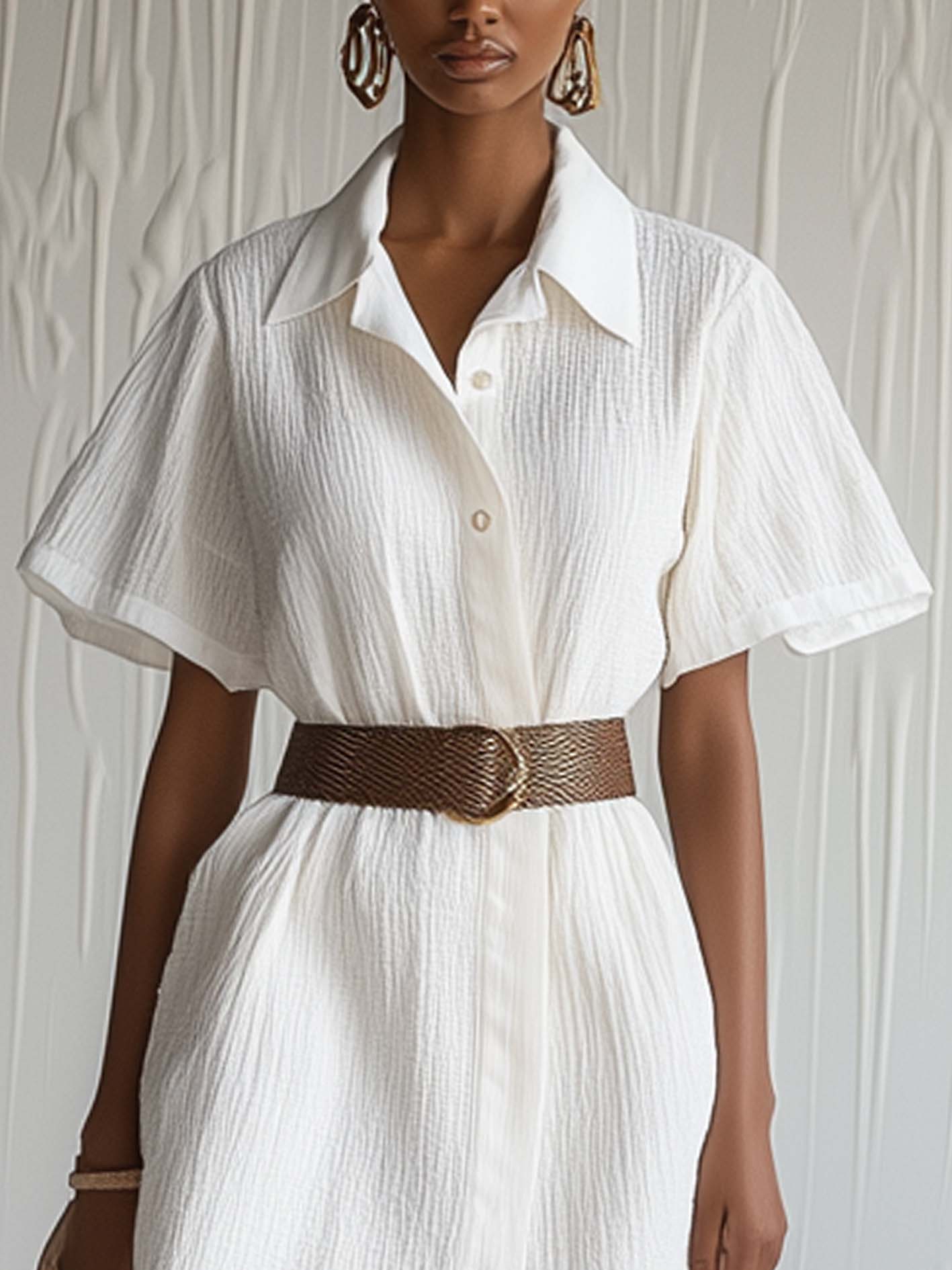Simple White Mini Shirt Dress In Textured Fabric With Belt