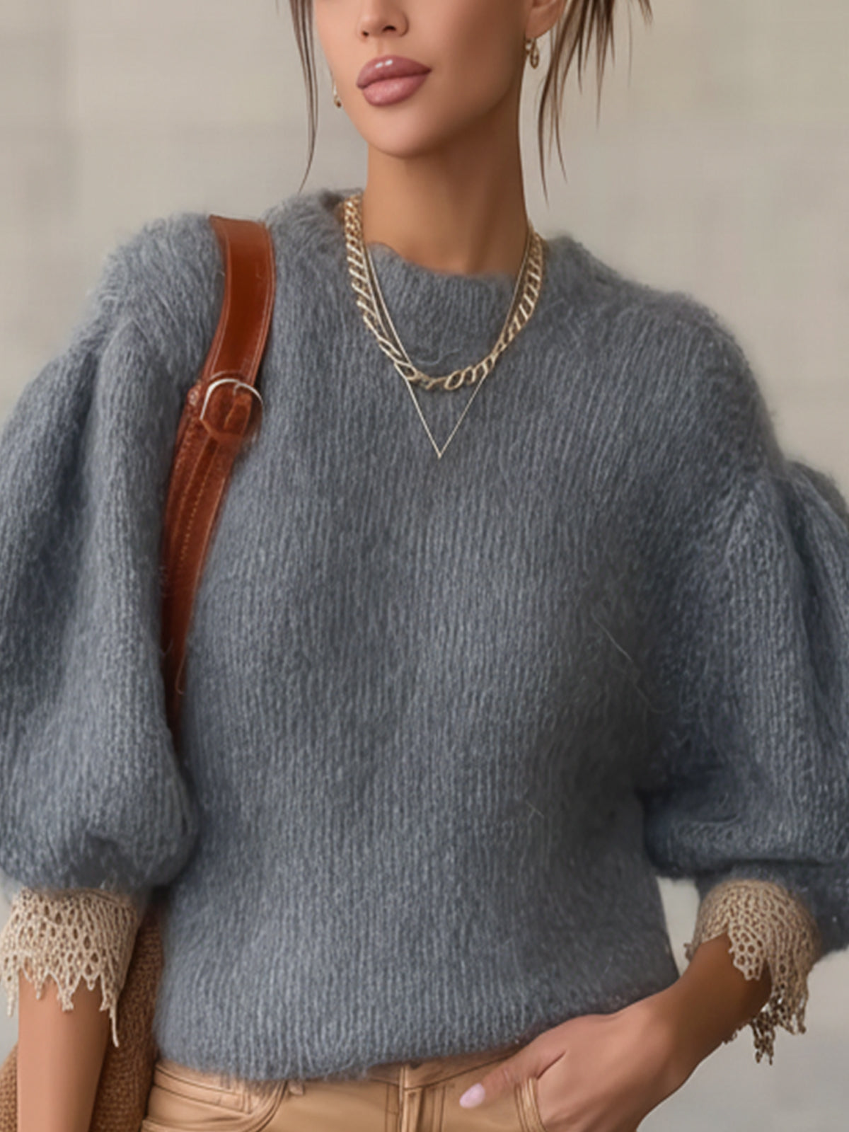 Gray Textured Knit Sweater With Lace Cuff Detail