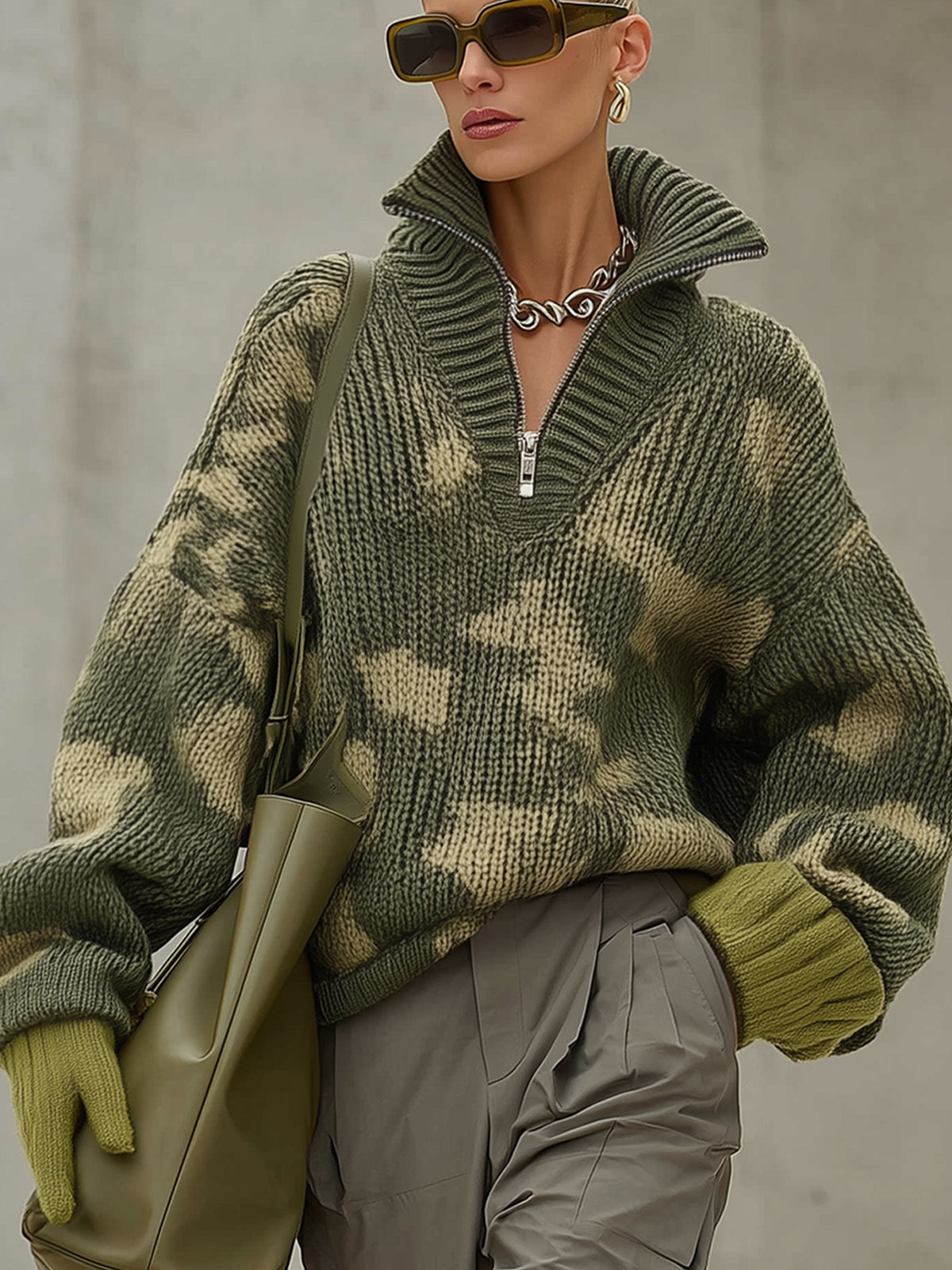 Olive Camouflage Knit Half Zip Sweater