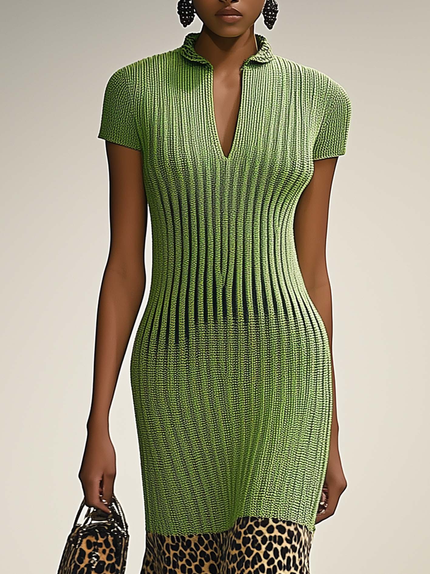 Green Knitted Maxi Dress With Leopard Print Chiffon