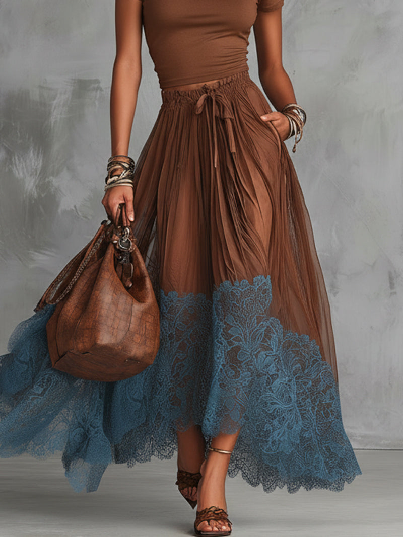 Brown Short Sleeve Shirt And Blue Lace-Trim Tulle Maxi Skirt Set