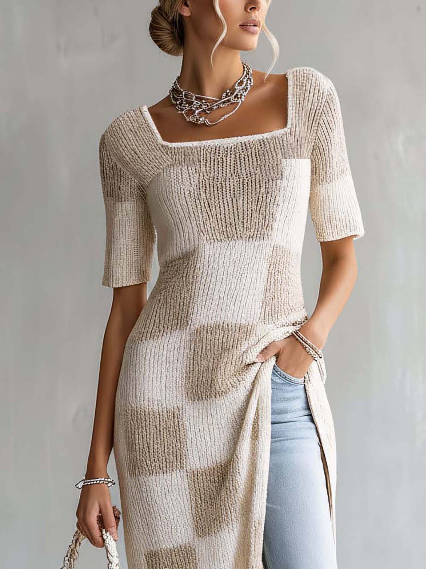 White Plaid Soft Textured  Knit Maxi Dress