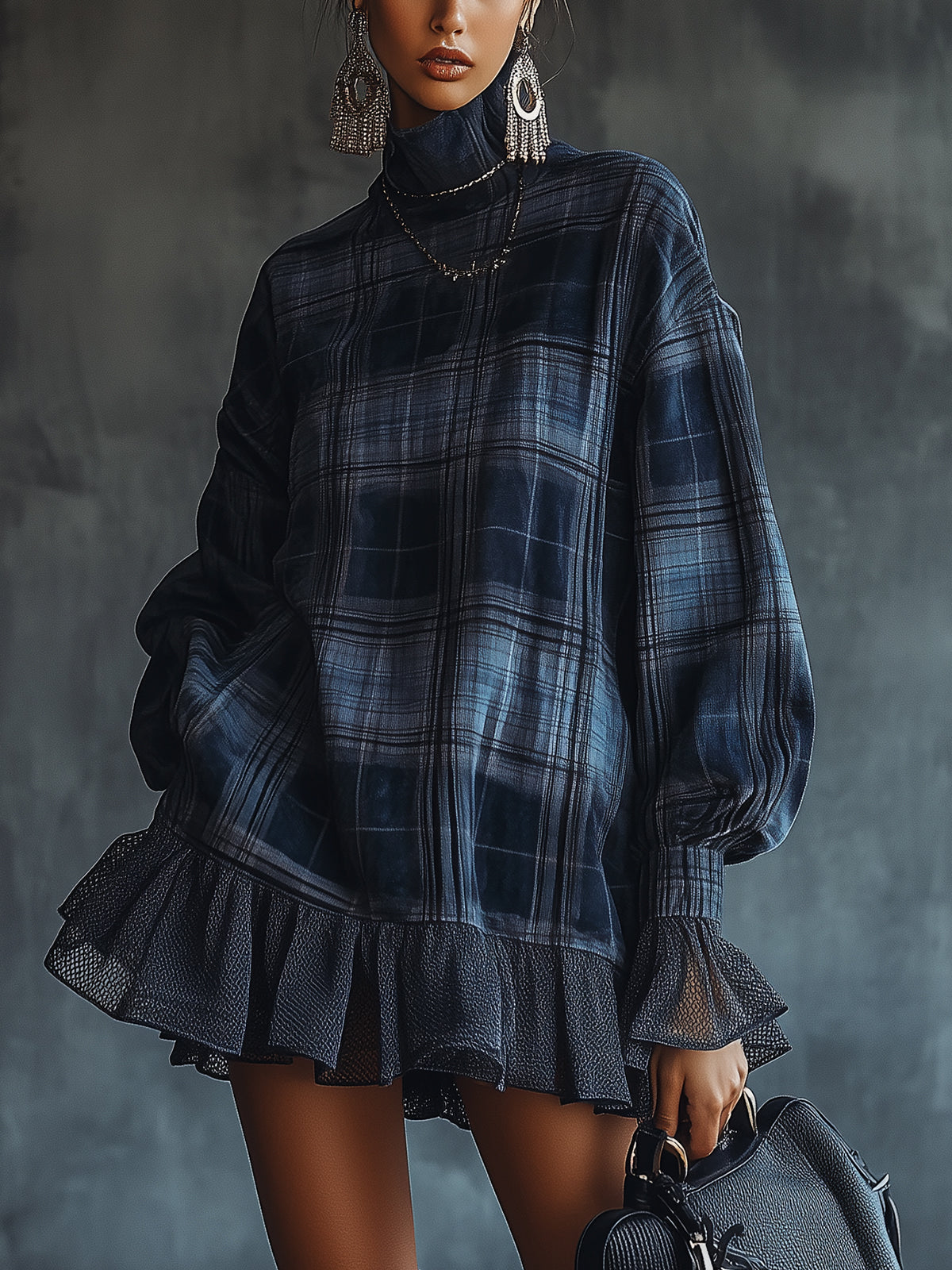 Midnight Plaid Ruffle Hem Turtleneck Dress