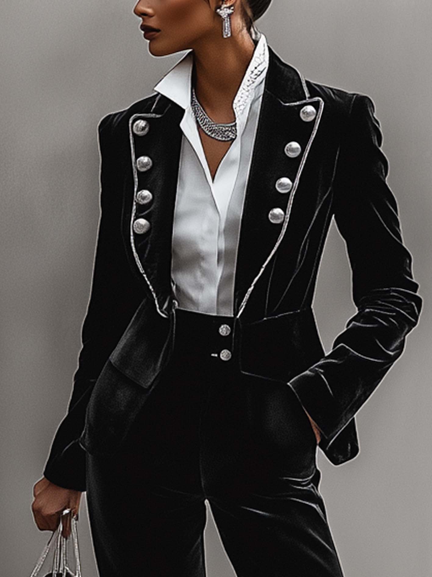 Black Velvet Suit With Silver Buttons And Trim