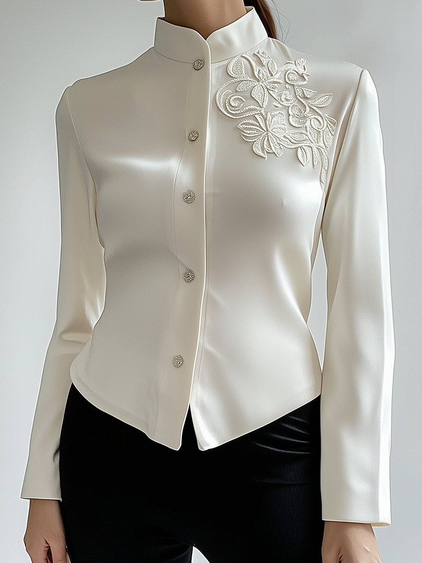 White Satin Blouse With Flower Embroidery