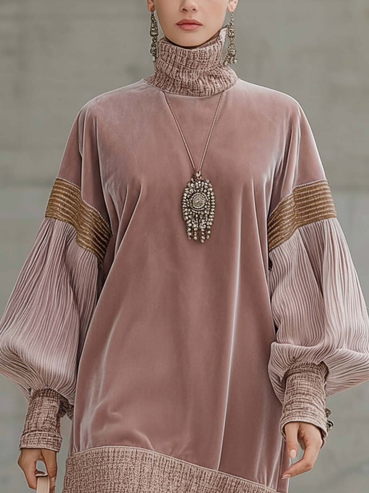 Light Pink Velvet And Corduroy High Neck Loose Mini Dress