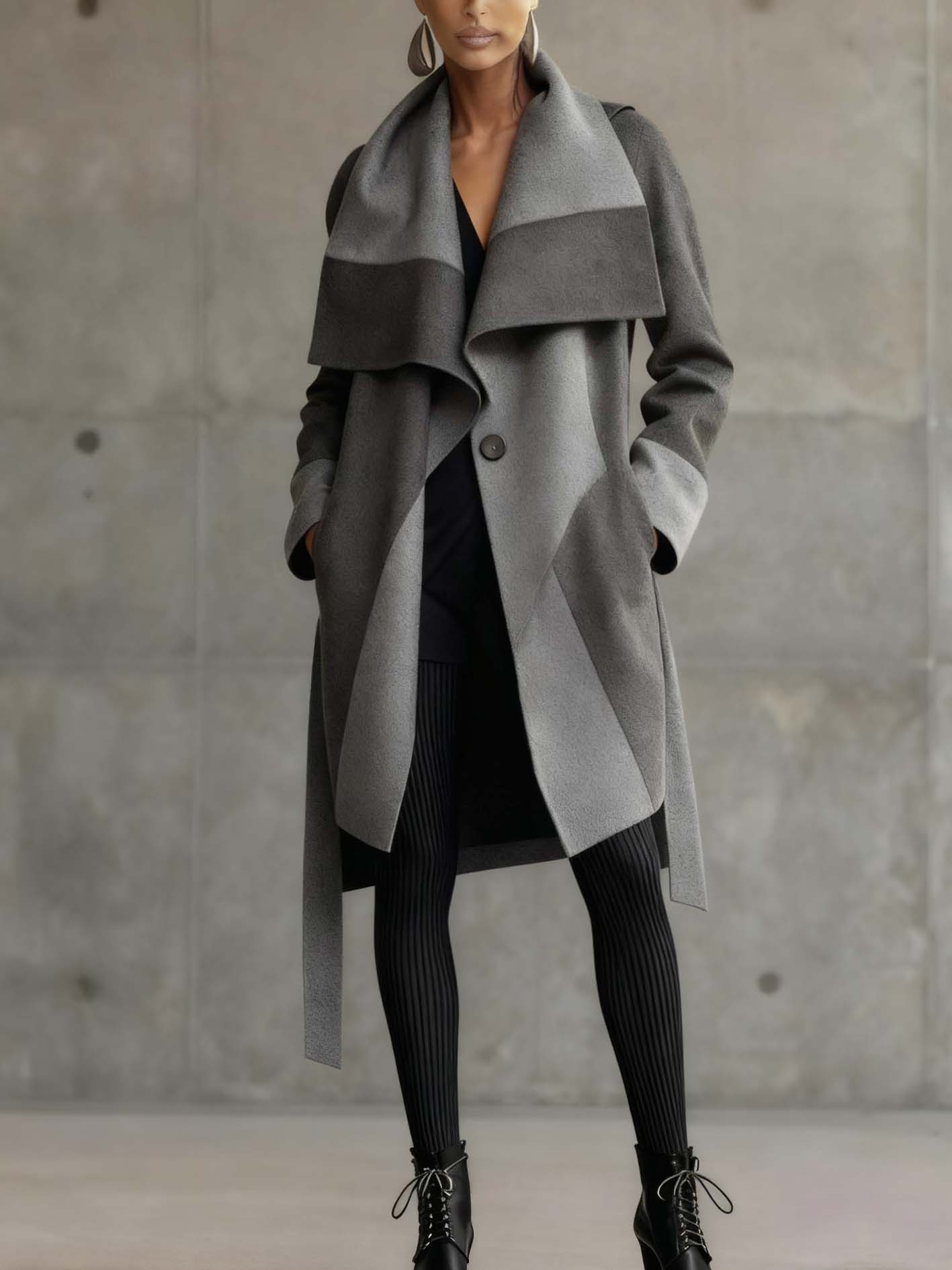 Gray Coat With Lapels And Dark Color Blocks